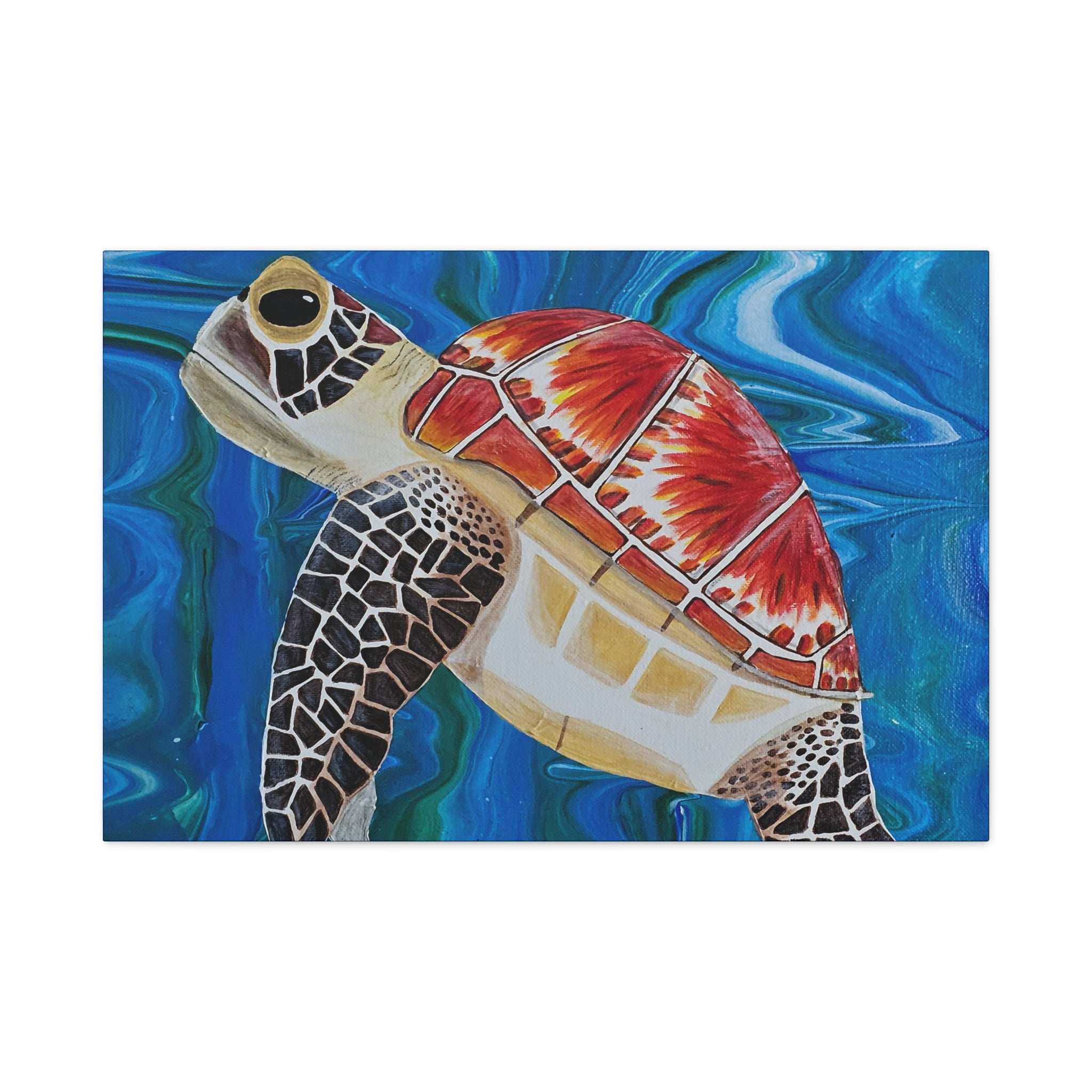 Painting of a turtle with a red shell on a blue water background