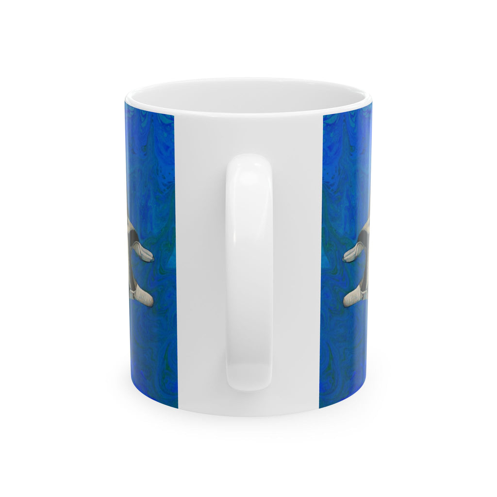 White mug with blue stripes featuring a cat design on a white background