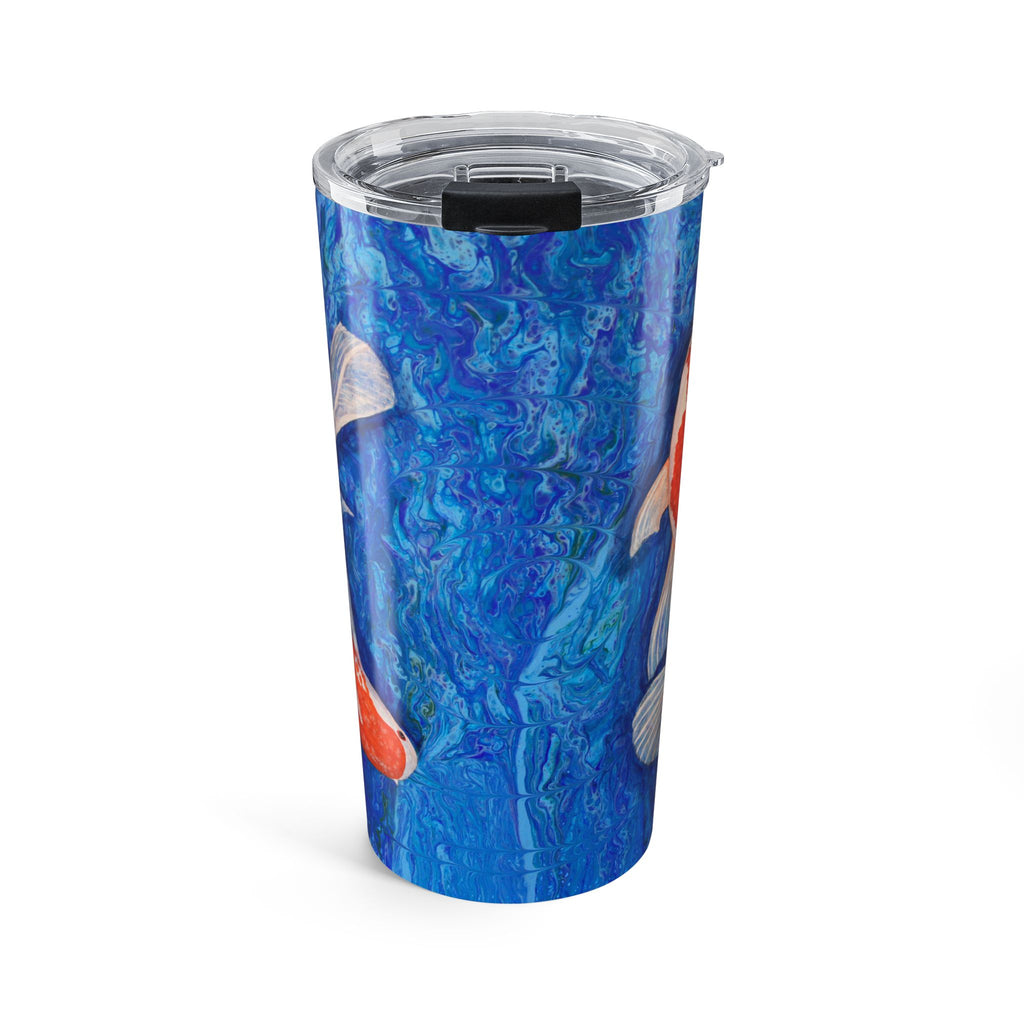 Tumbler with a blue and multicolor design on a white background