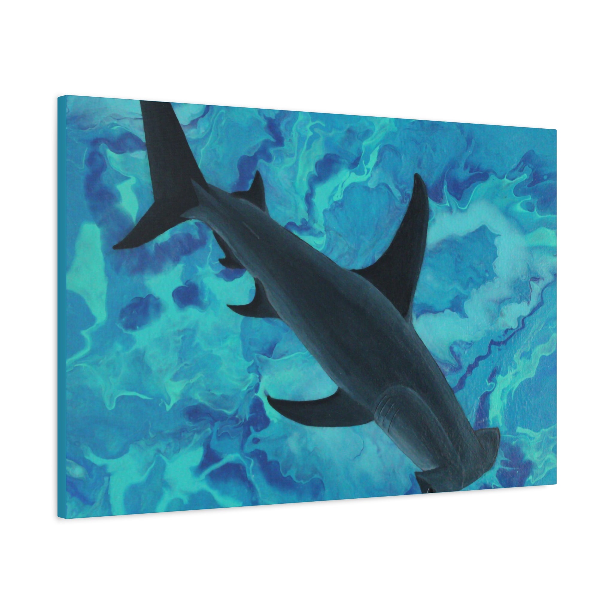 Canvas print of a shark against a blue abstract background