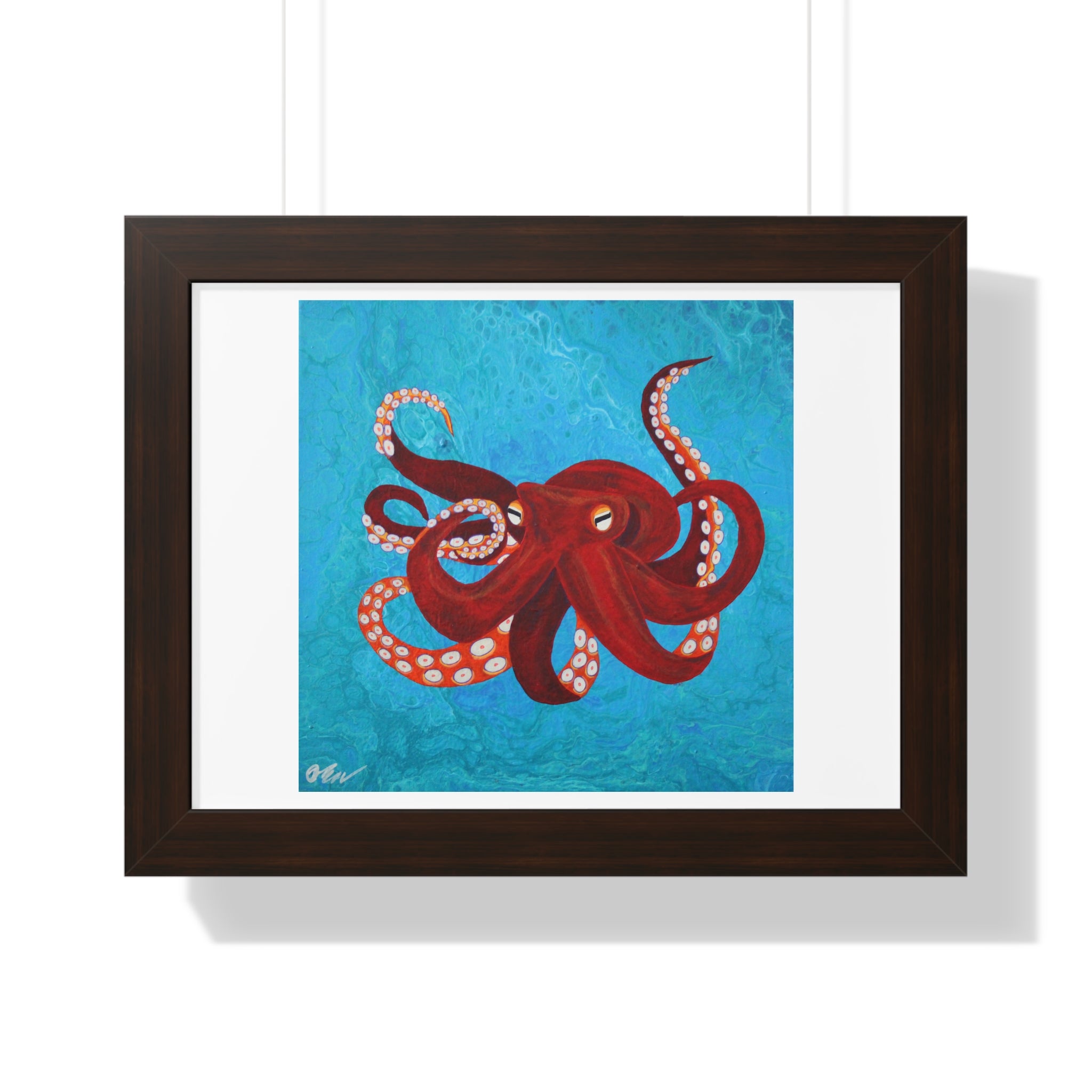 Framed artwork of a red octopus on a blue background