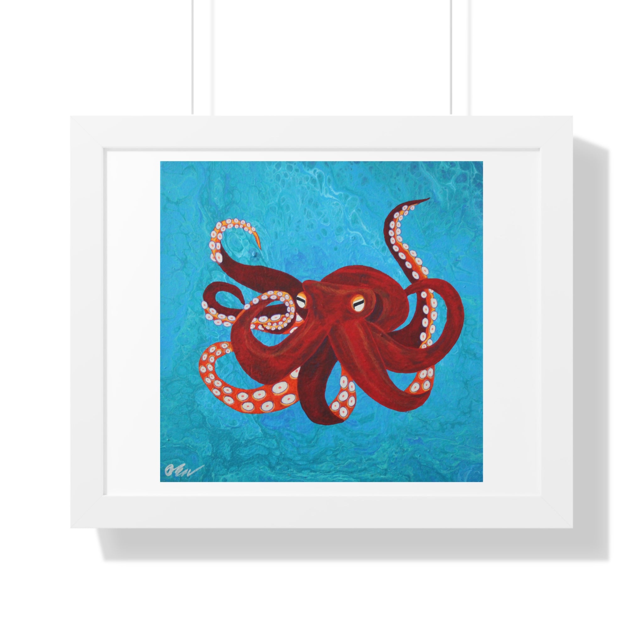 Framed artwork of a red octopus on a blue background