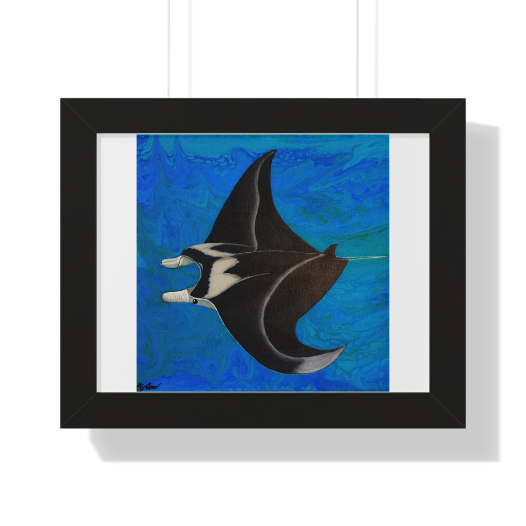Framed artwork of a manta ray on a blue background