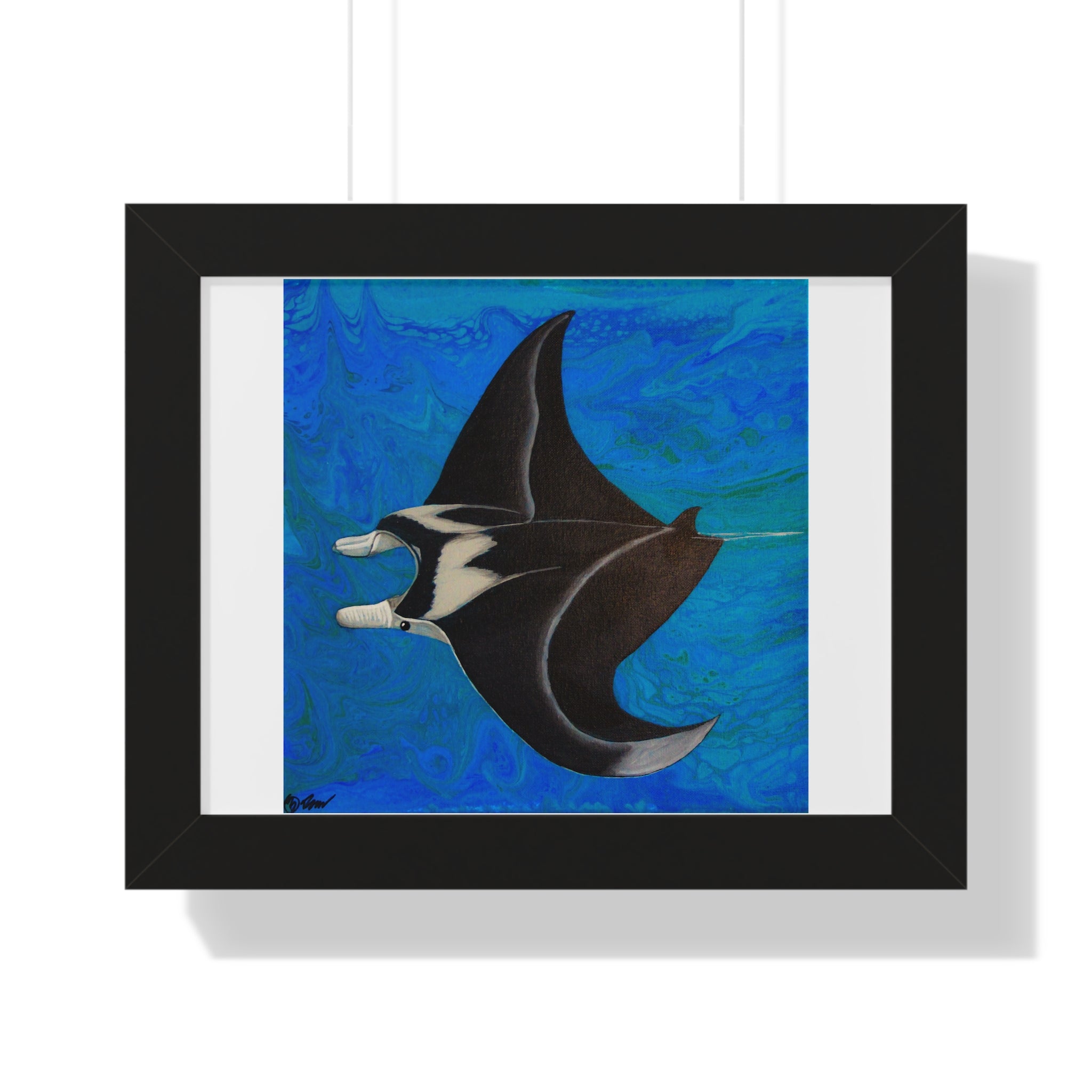 Framed artwork of a manta ray on a blue background