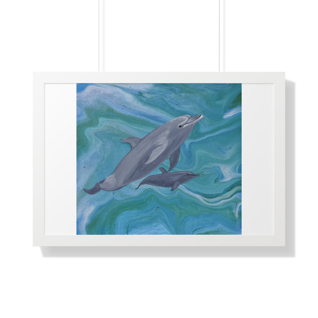 Framed artwork of two dolphins swimming in wavy blue water.