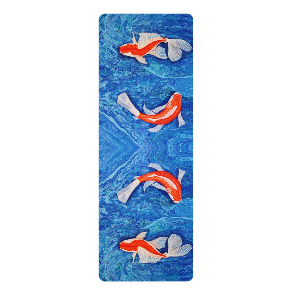 Yoga mat with koi fish design on a blue water background