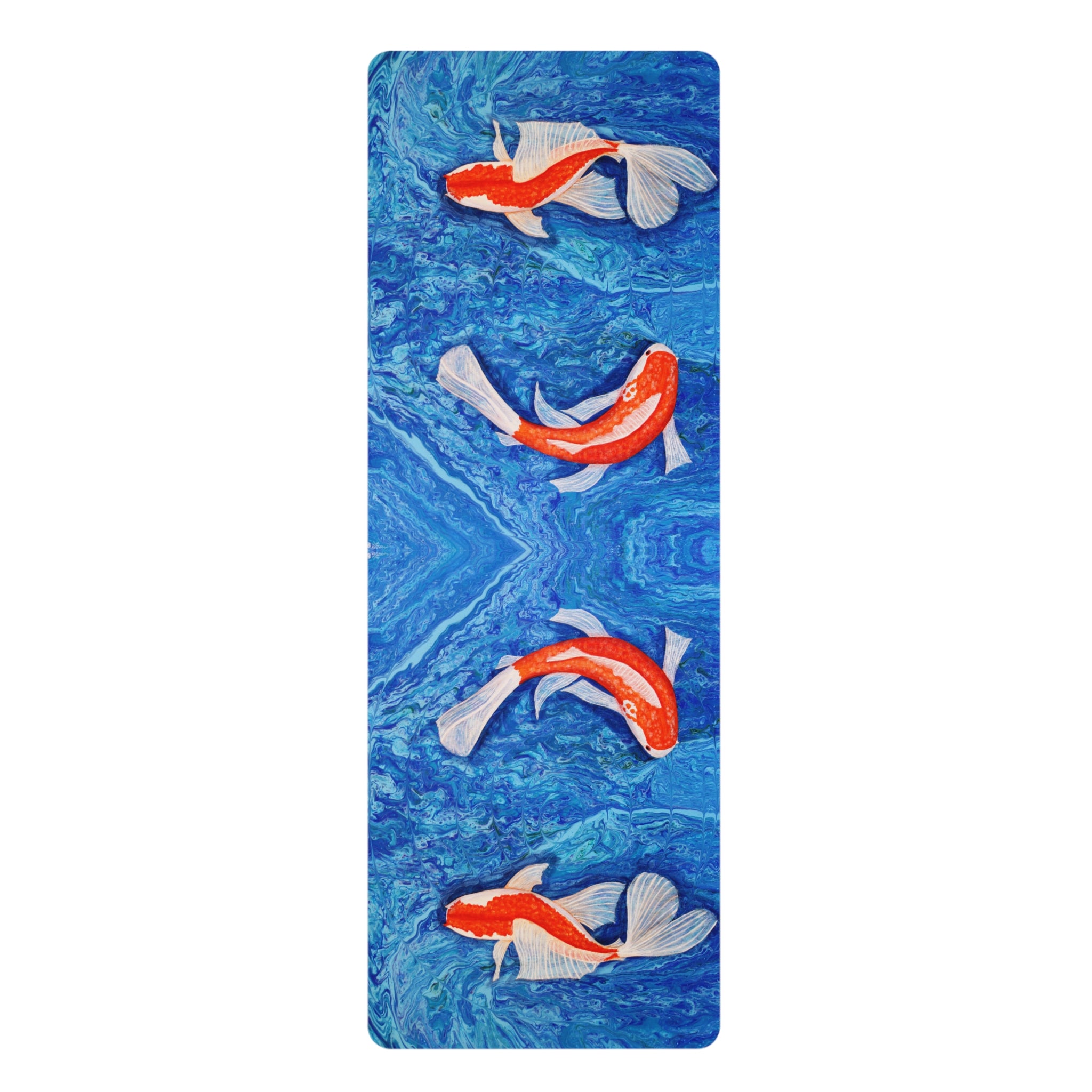 Yoga mat with koi fish design on a blue water background