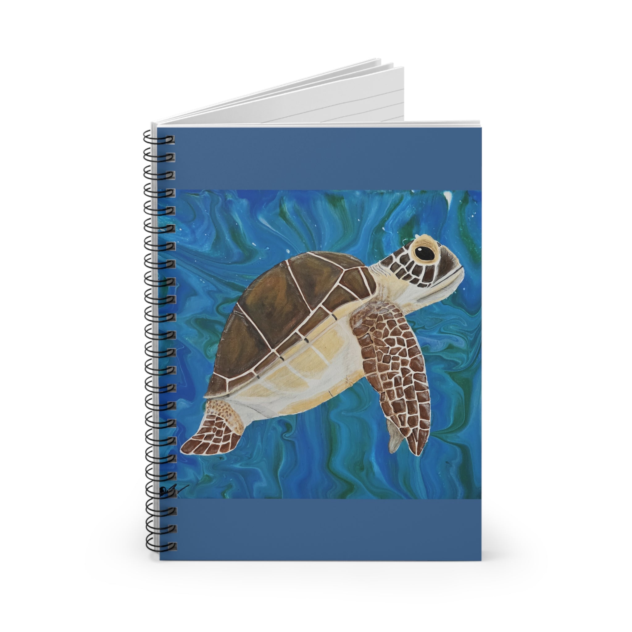 Notebook with a turtle illustration on a blue underwater background