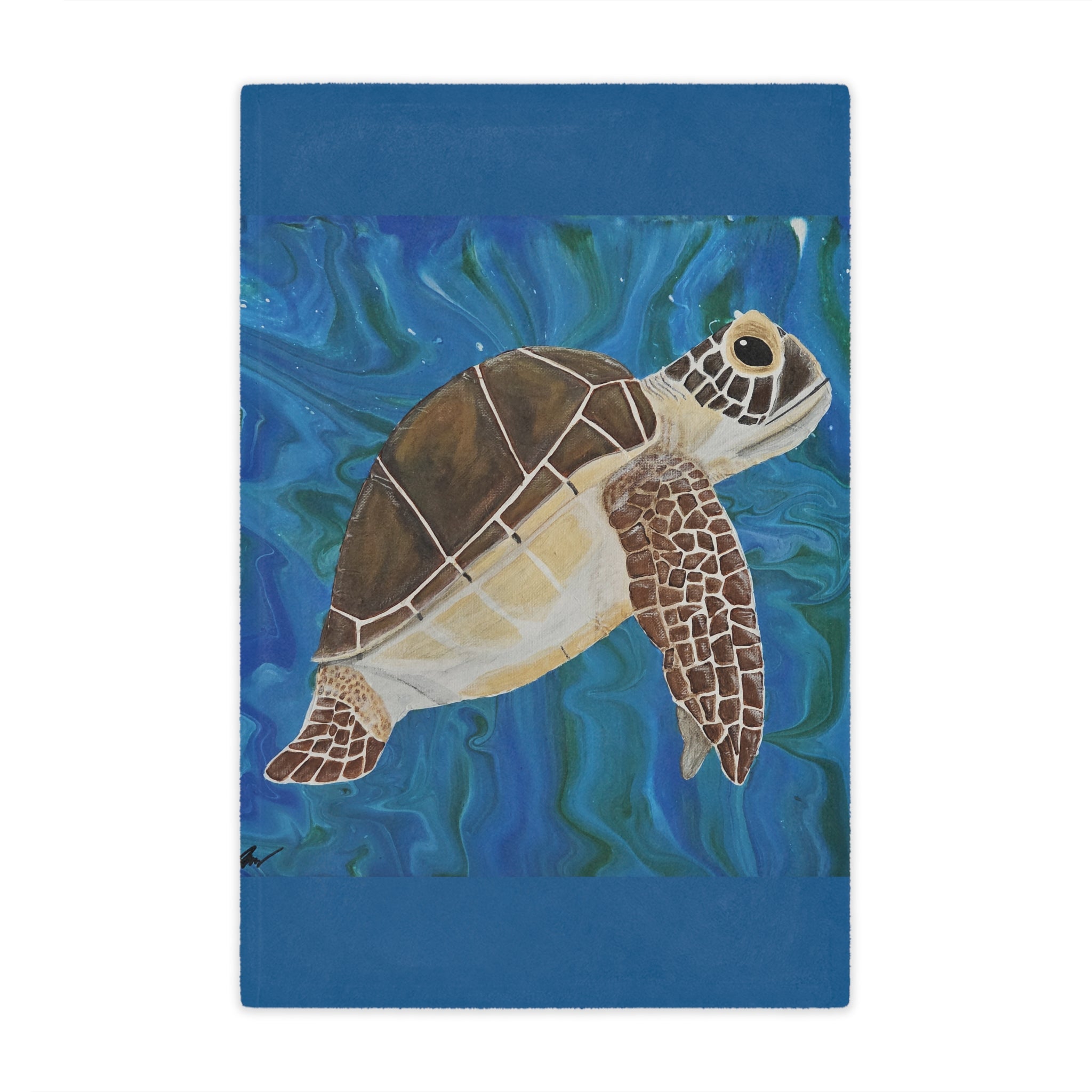 Blanket with a turtle illustration on a blue water background