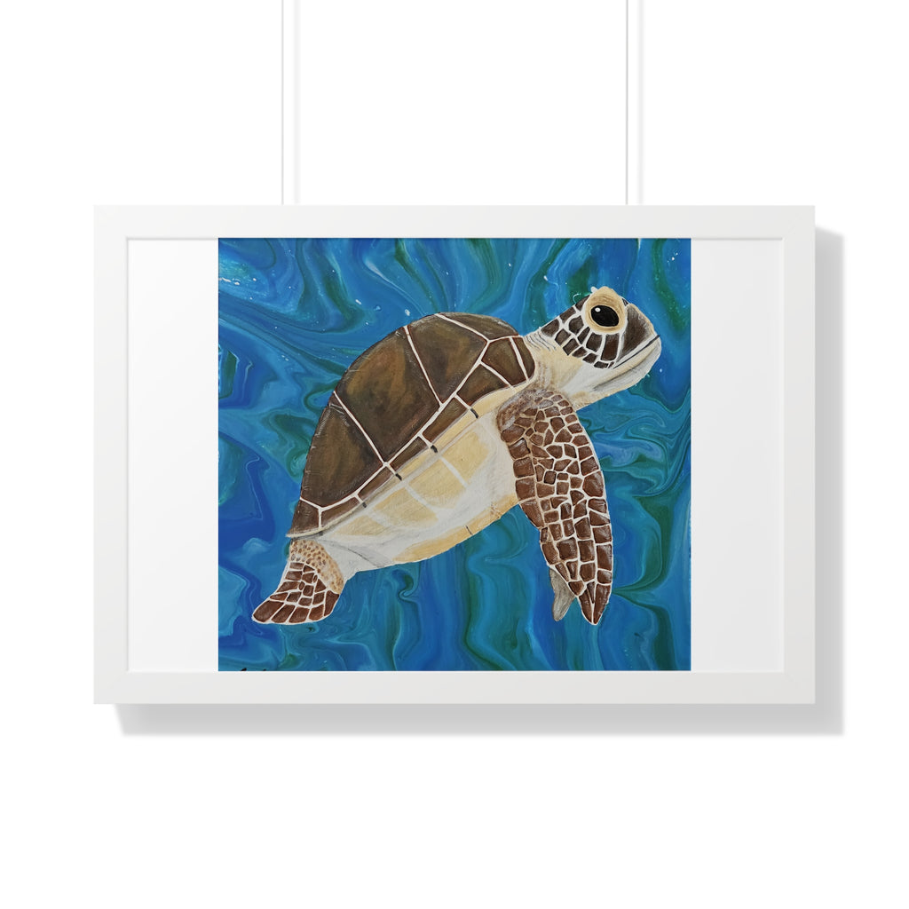 Framed artwork of a turtle on a blue background