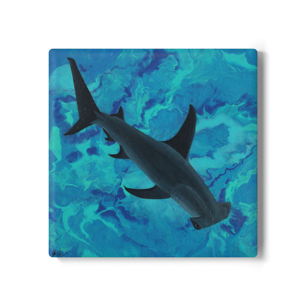 Coaster with Shark silhouette on a blue and green abstract background