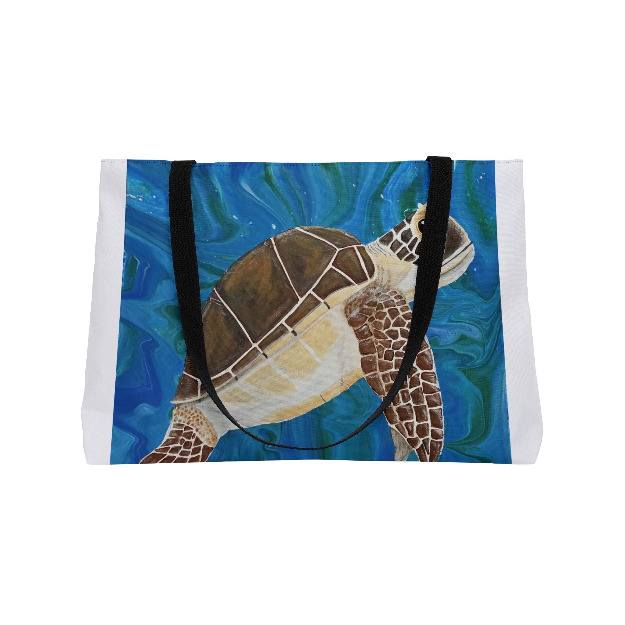Tote bag with a turtle design on a blue underwater background