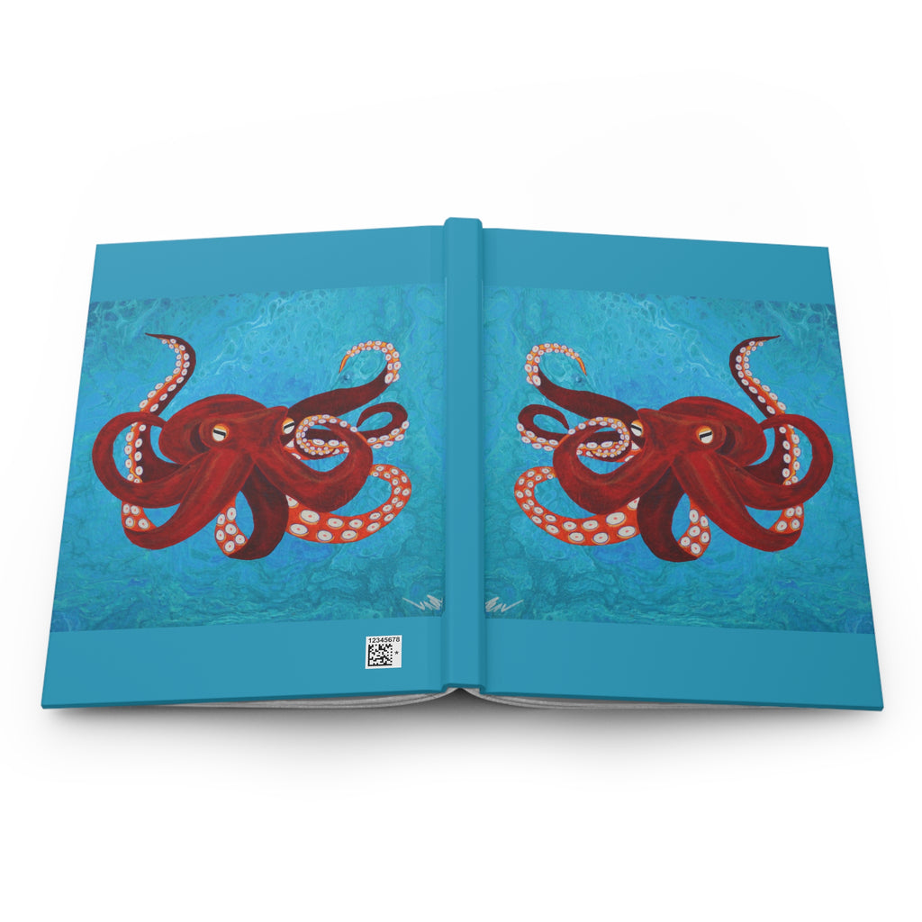 Open book with red octopus illustration on blue pages