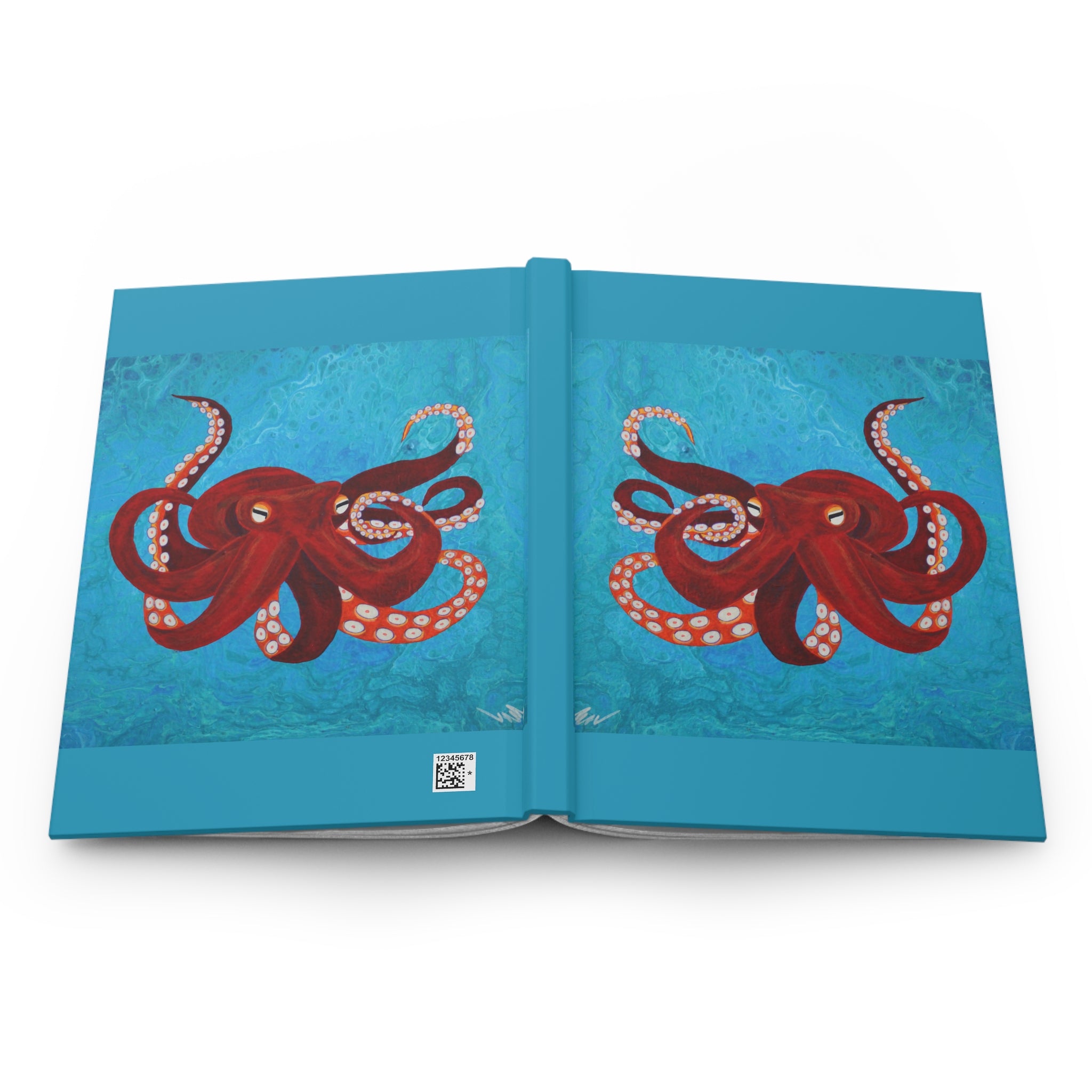 Open book with red octopus illustration on blue pages