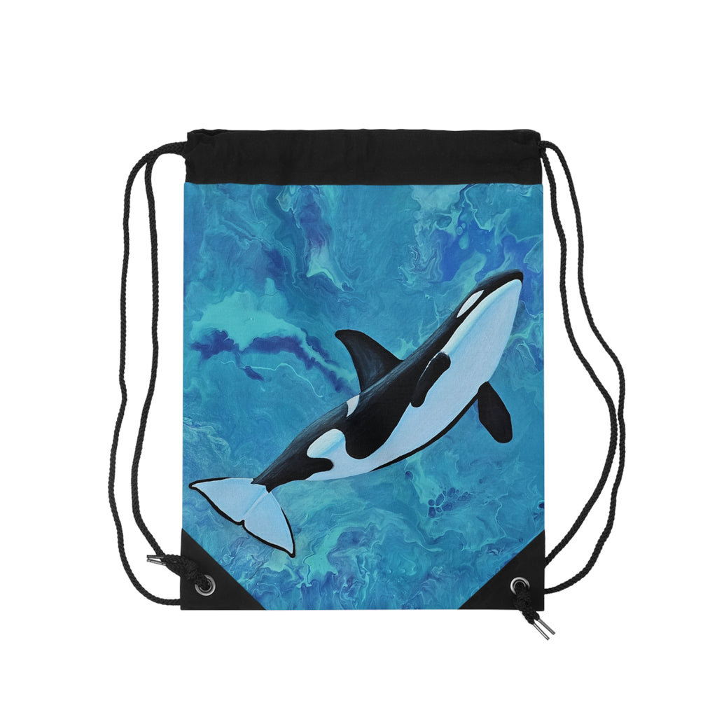 Drawstring bag with an orca whale design on a blue watercolor background