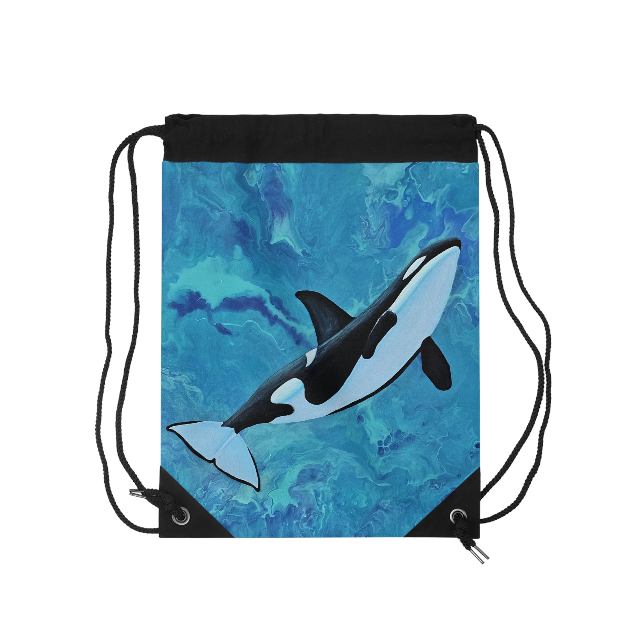 Drawstring bag with an orca whale design on a blue watercolor background