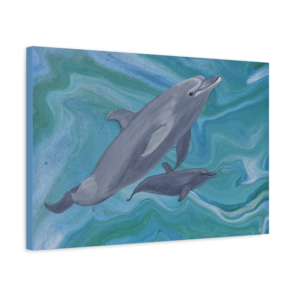 Canvas print with two dolphins swimming on a blue and green abstract background