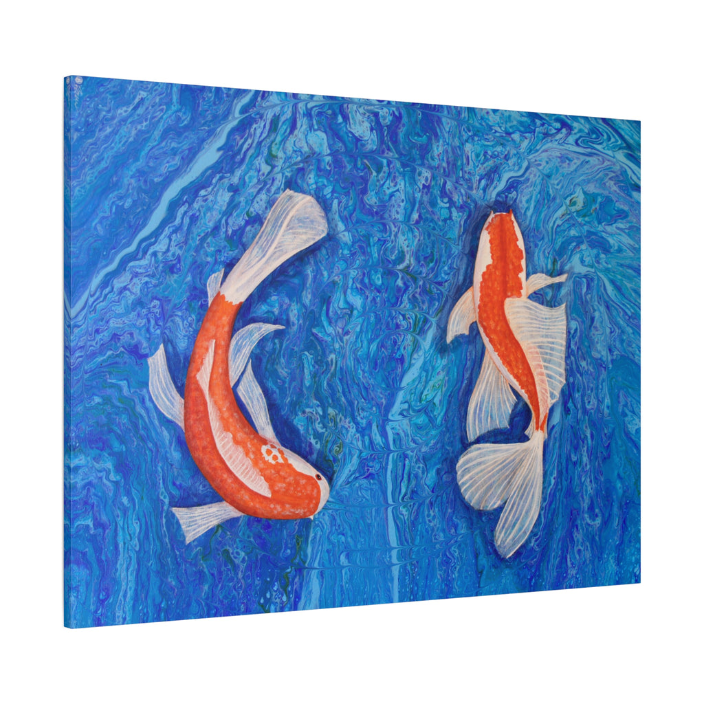 Canvas print of two Koi fish swimming in water with a blue background