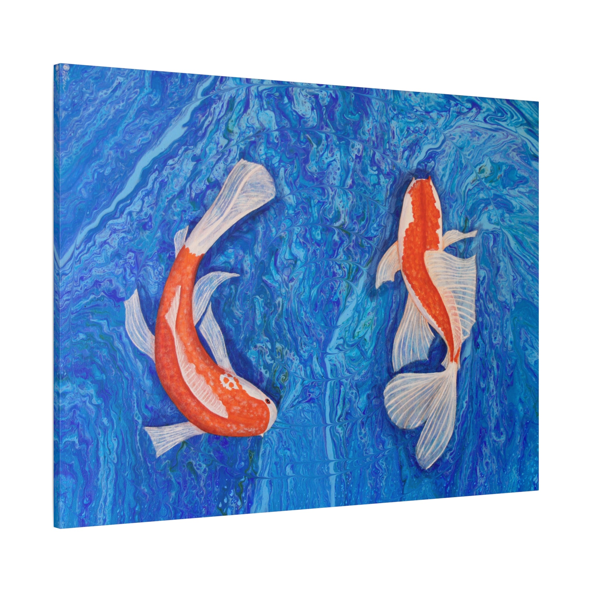 Canvas print of two Koi fish swimming in water with a blue background