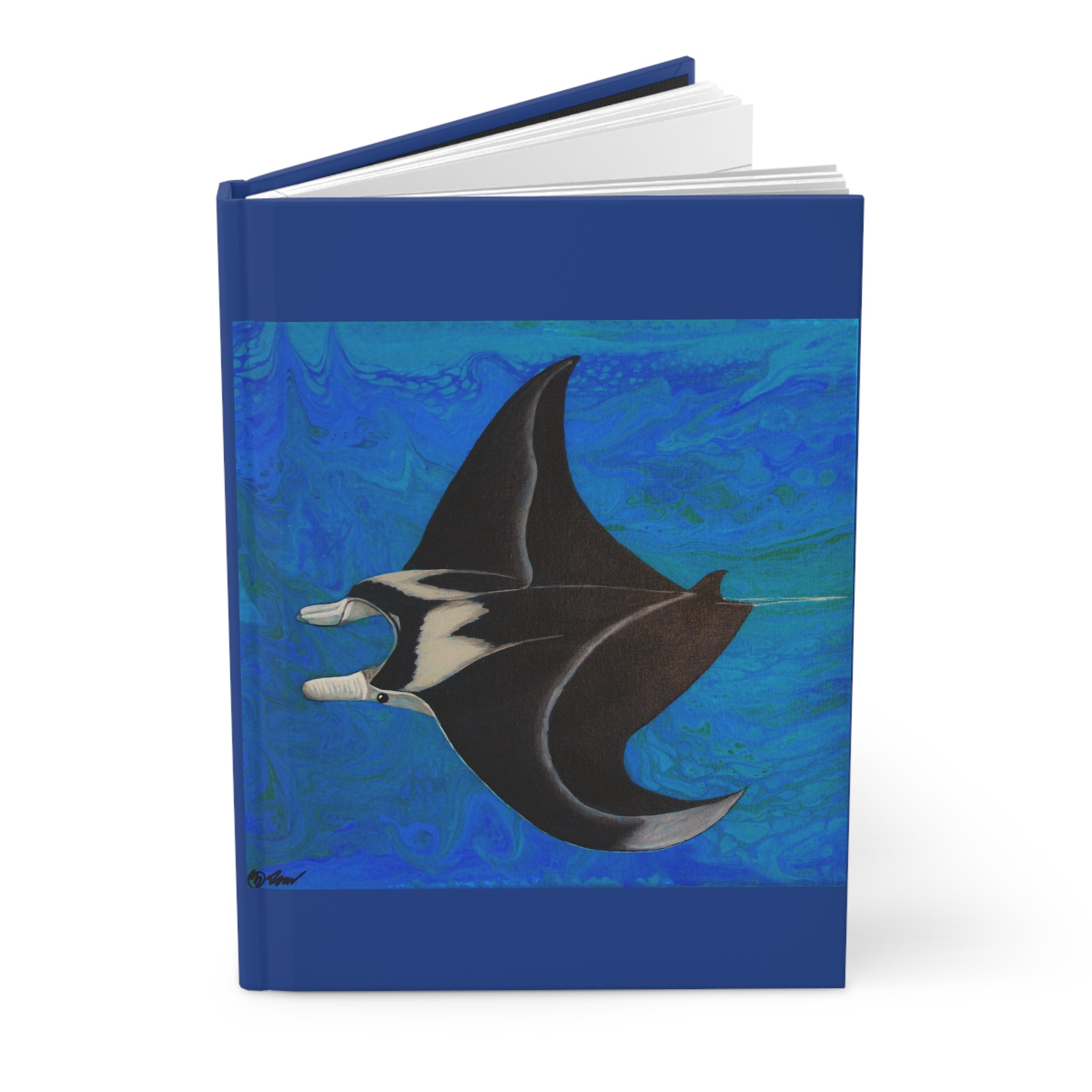 Notebook with a manta ray design on a blue abstract background