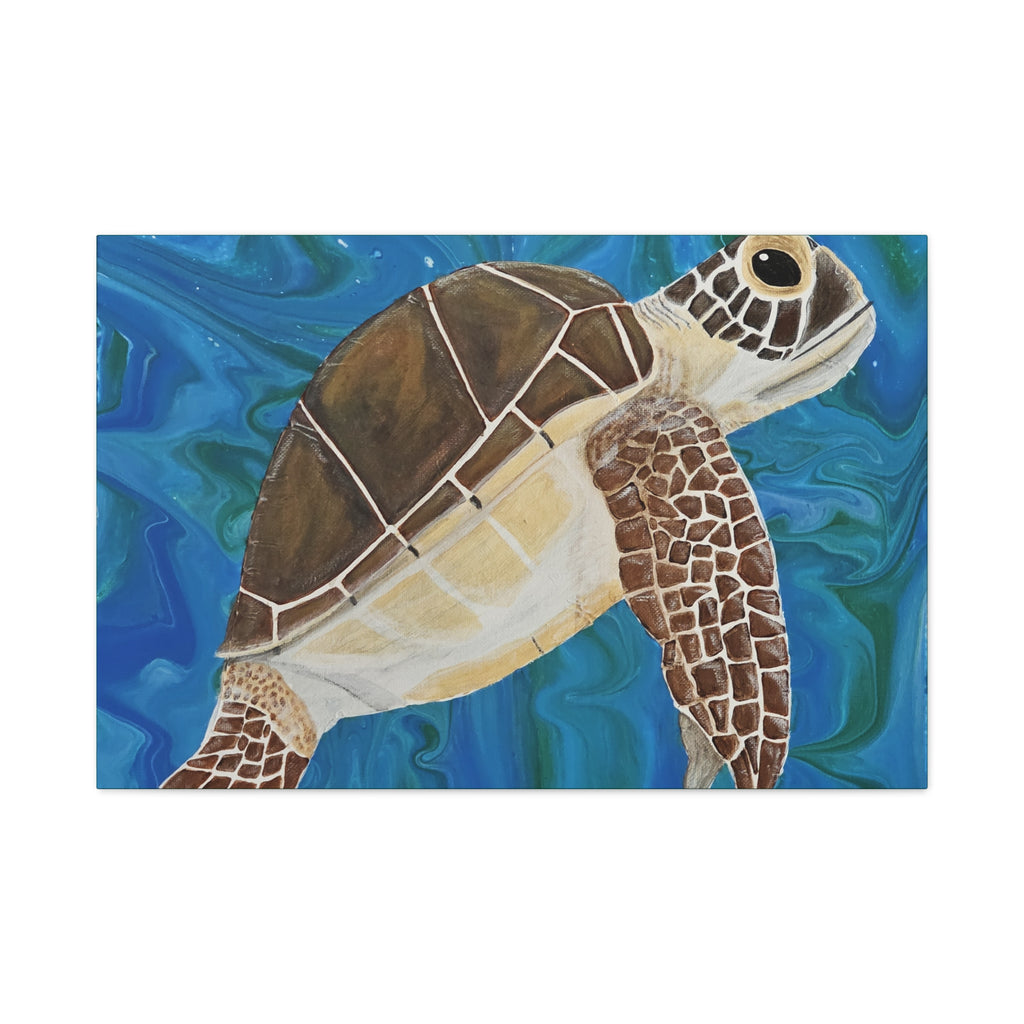 Painting of a turtle with a blue and green abstract background