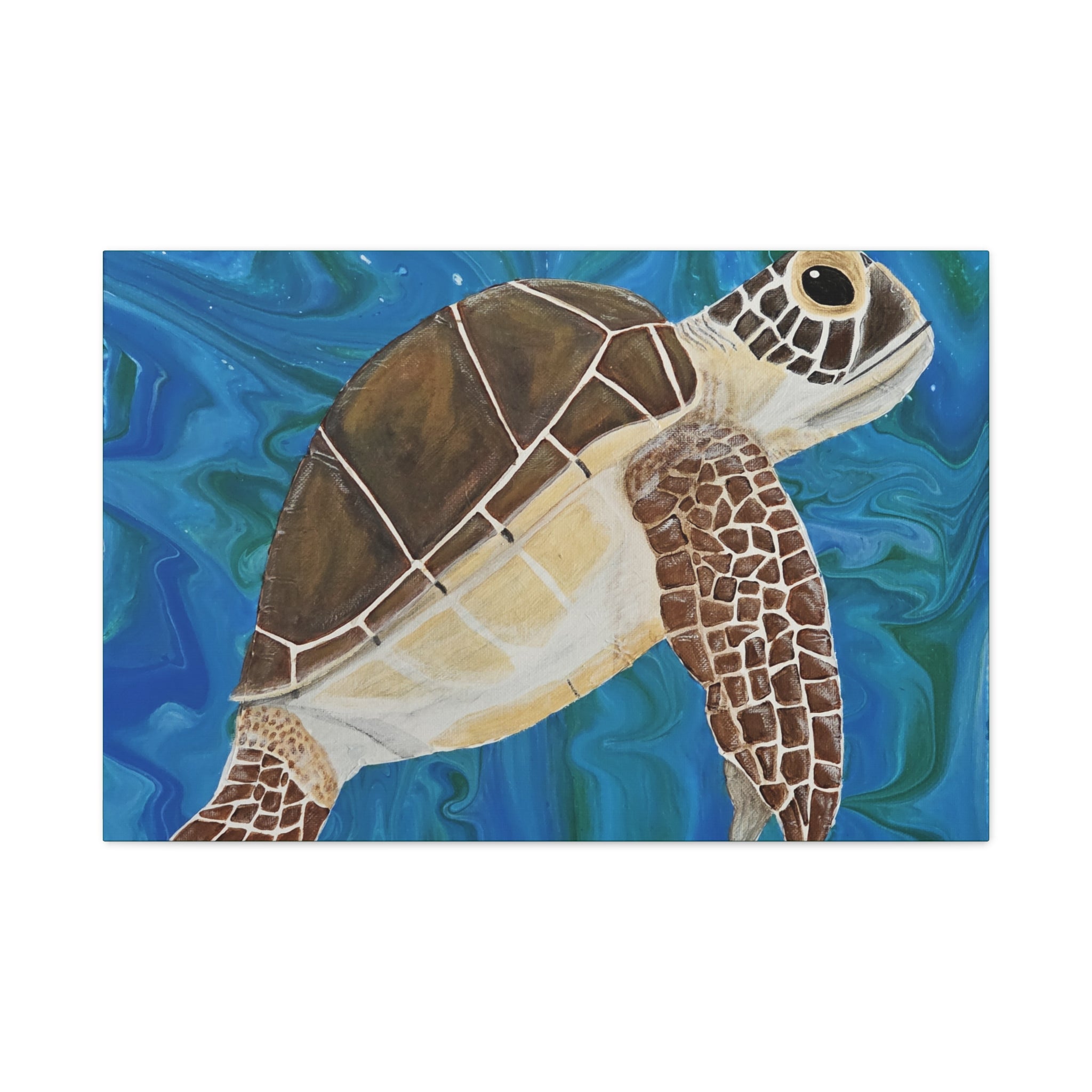 Painting of a turtle with a blue and green abstract background