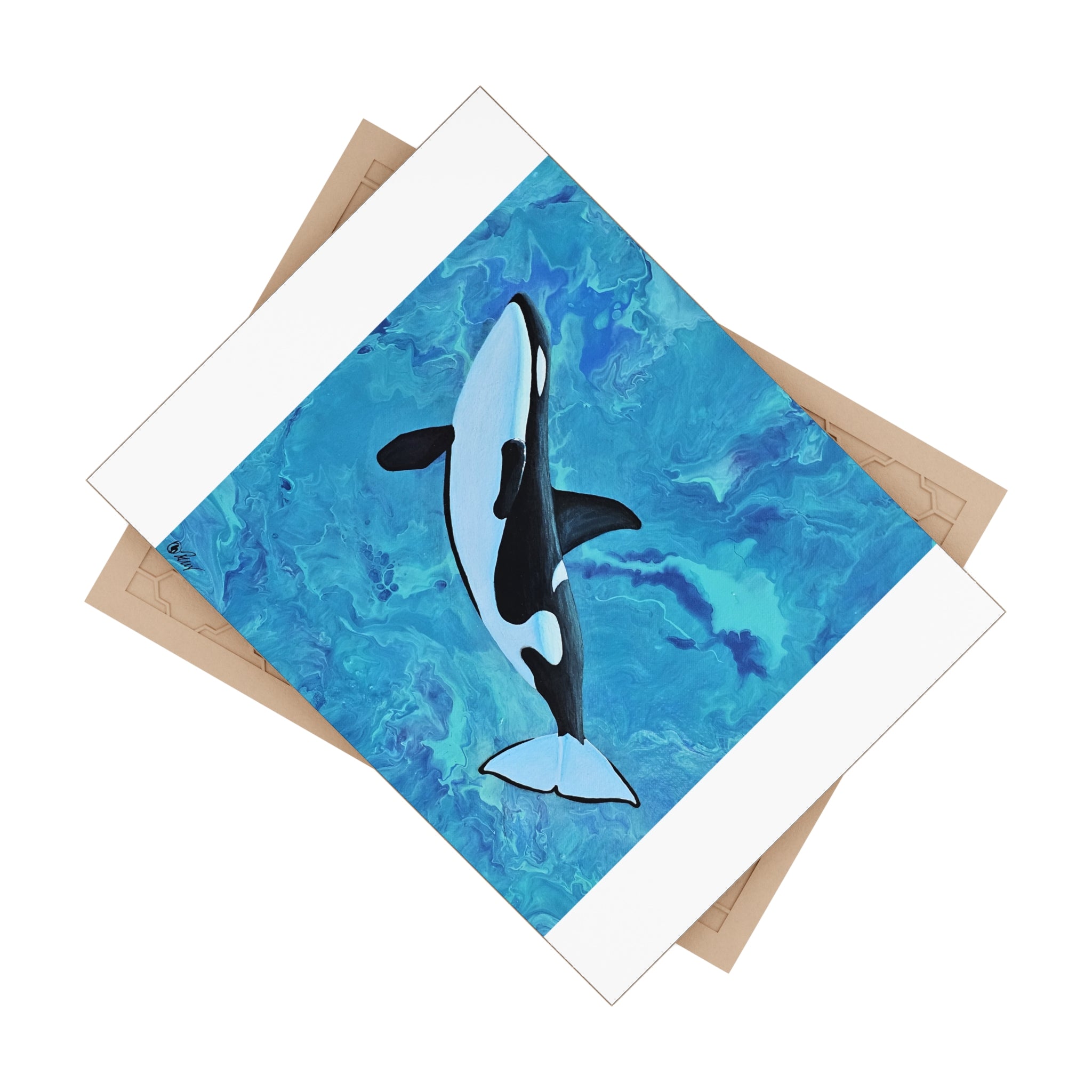 Tile with an orca whale illustration on a blue watercolor background and beige backing
