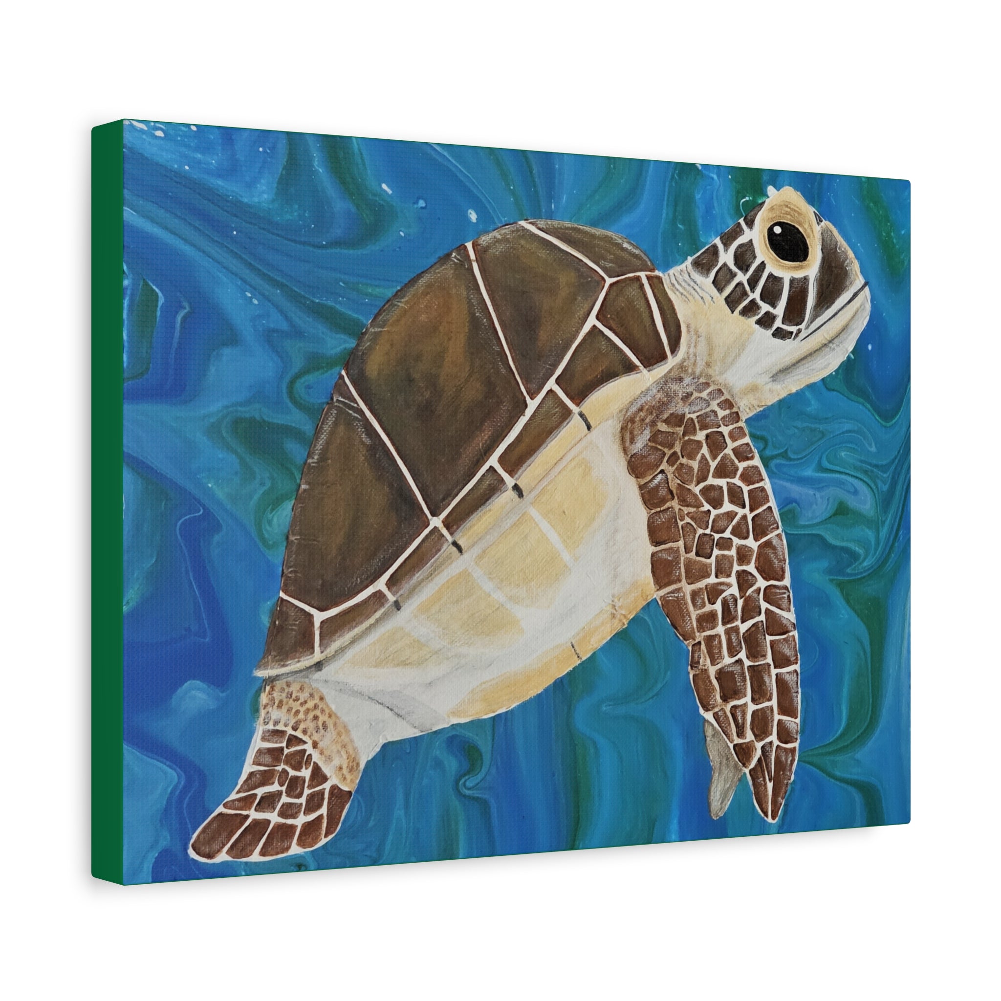 Canvas print of a turtle on a blue abstract background