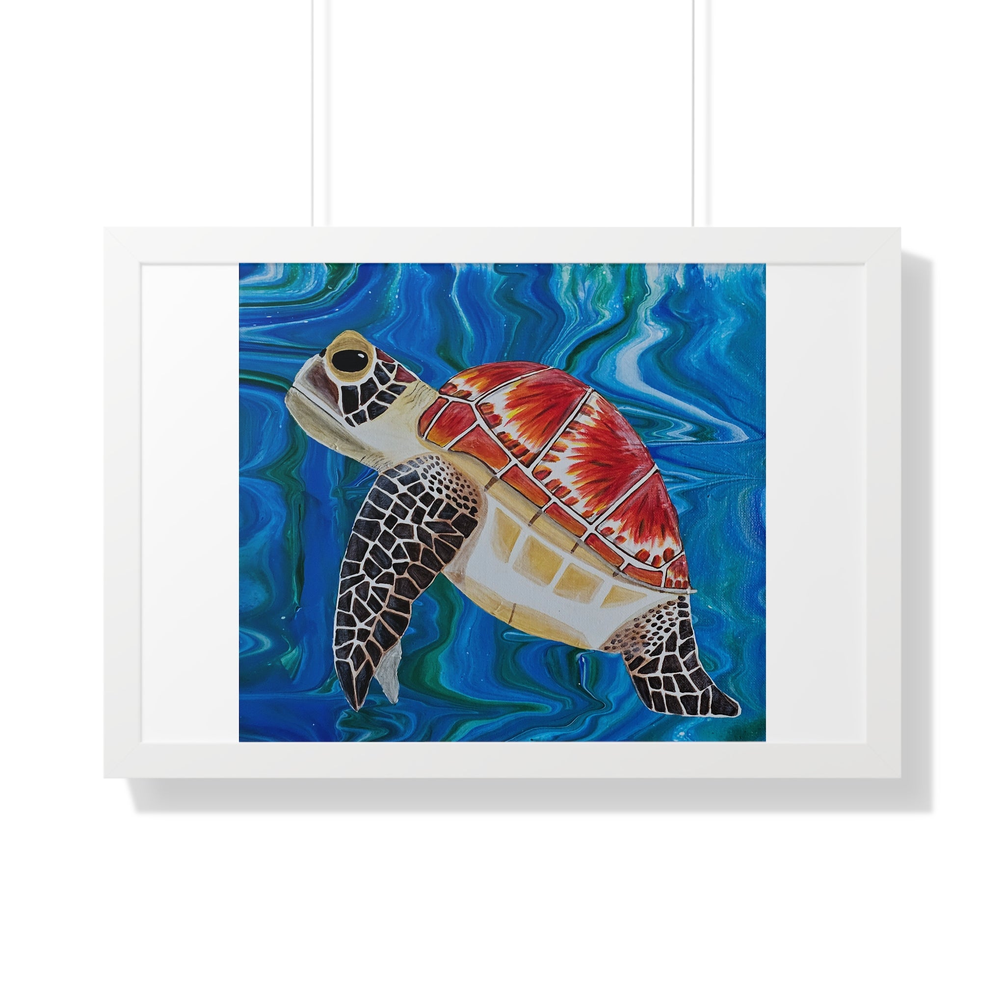 Framed artwork of a colorful turtle on a blue wave background