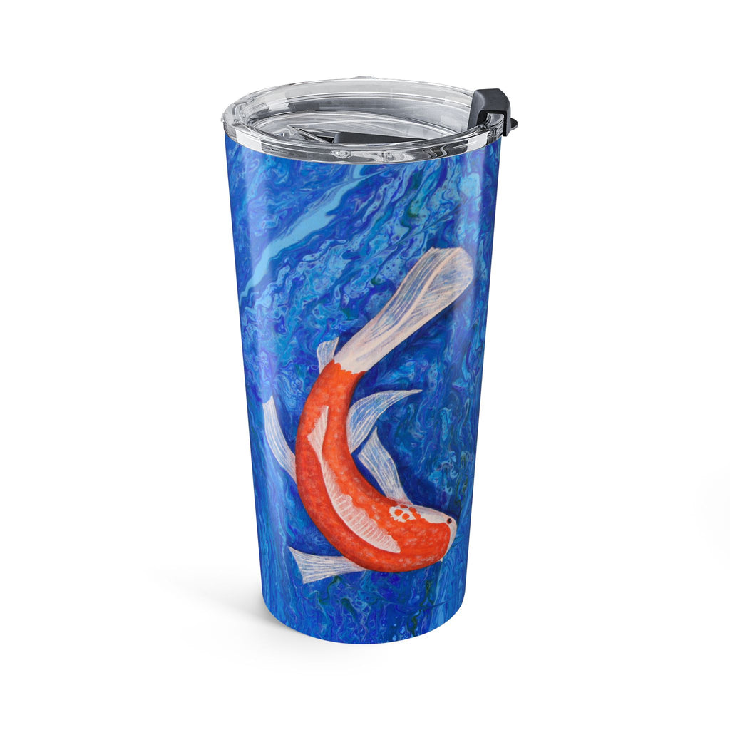 Tumbler with a design of two koi fish on a blue background