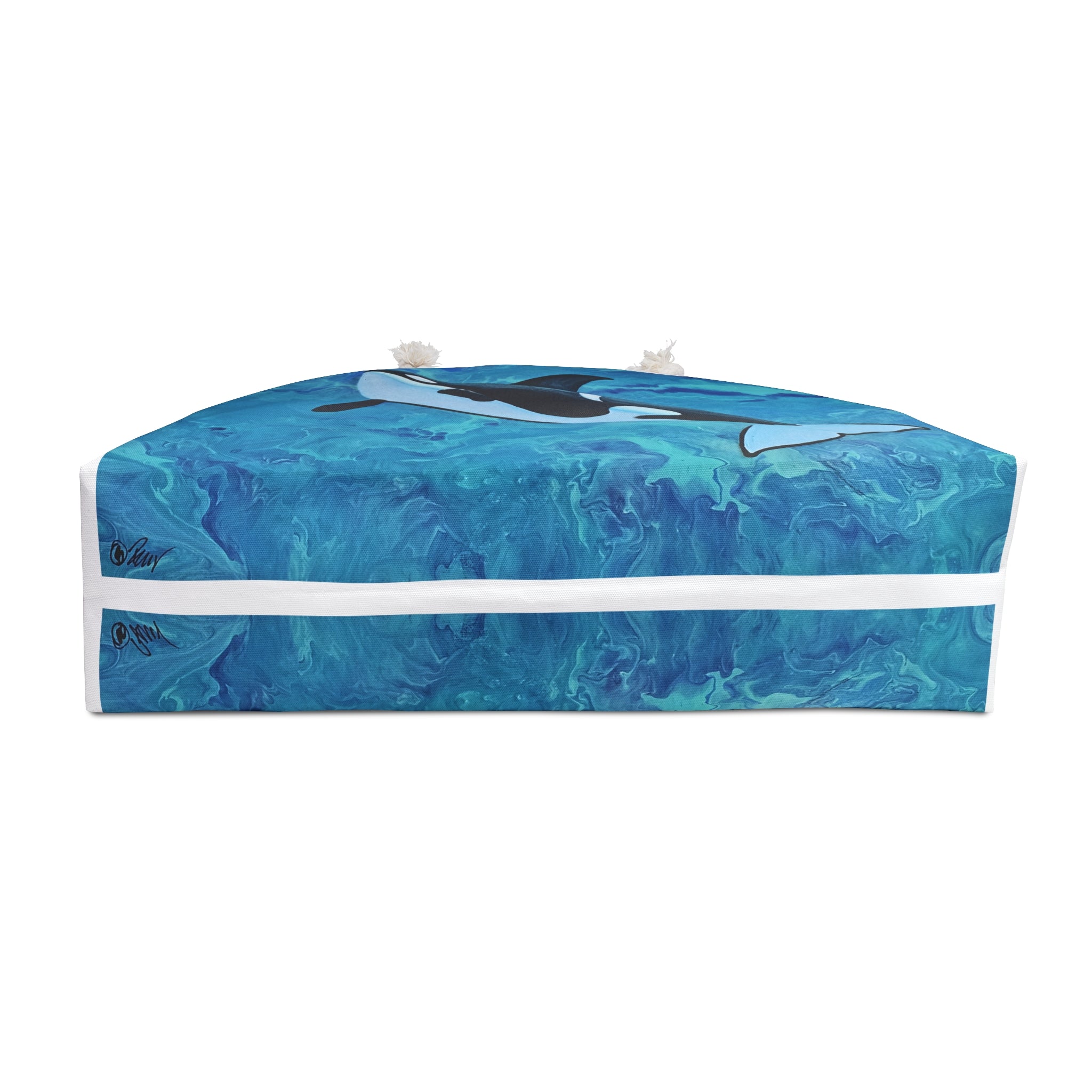 Blue marbled patterned product with white accents on a white background