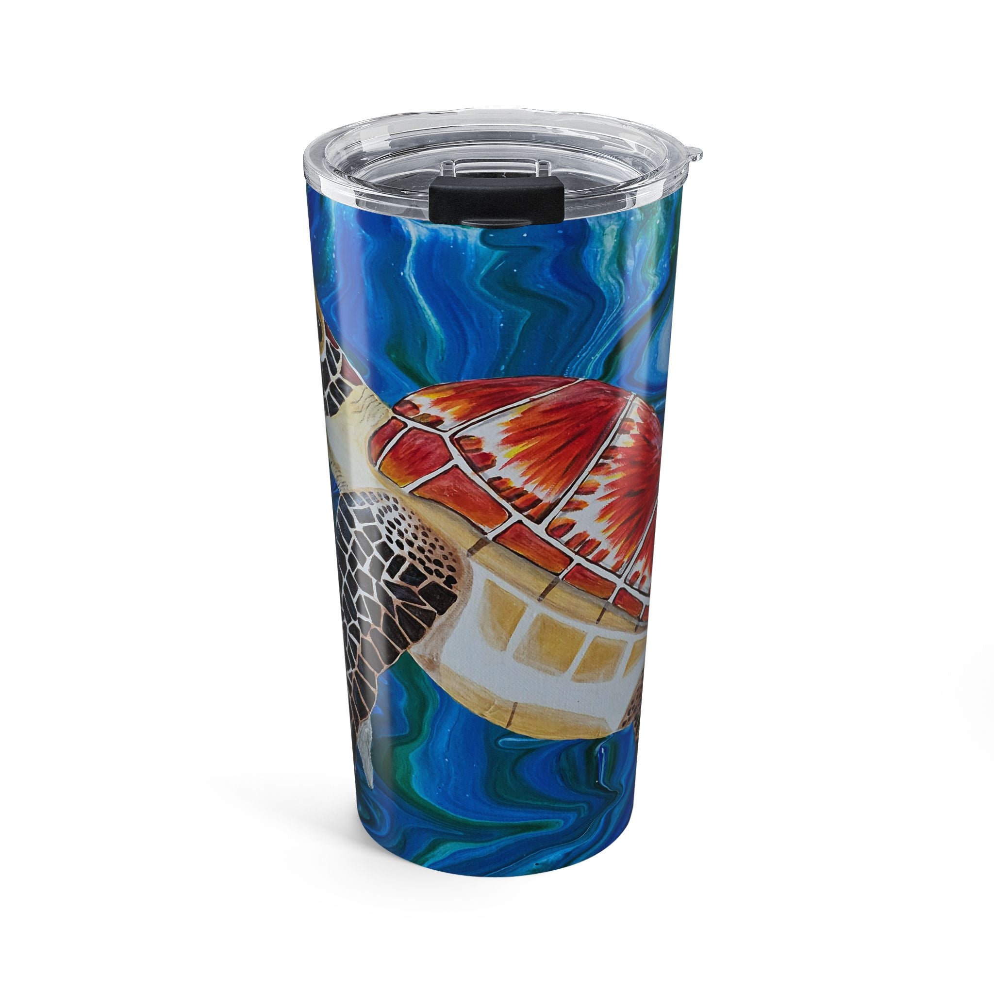 Tumbler with a turtle design on a blue background