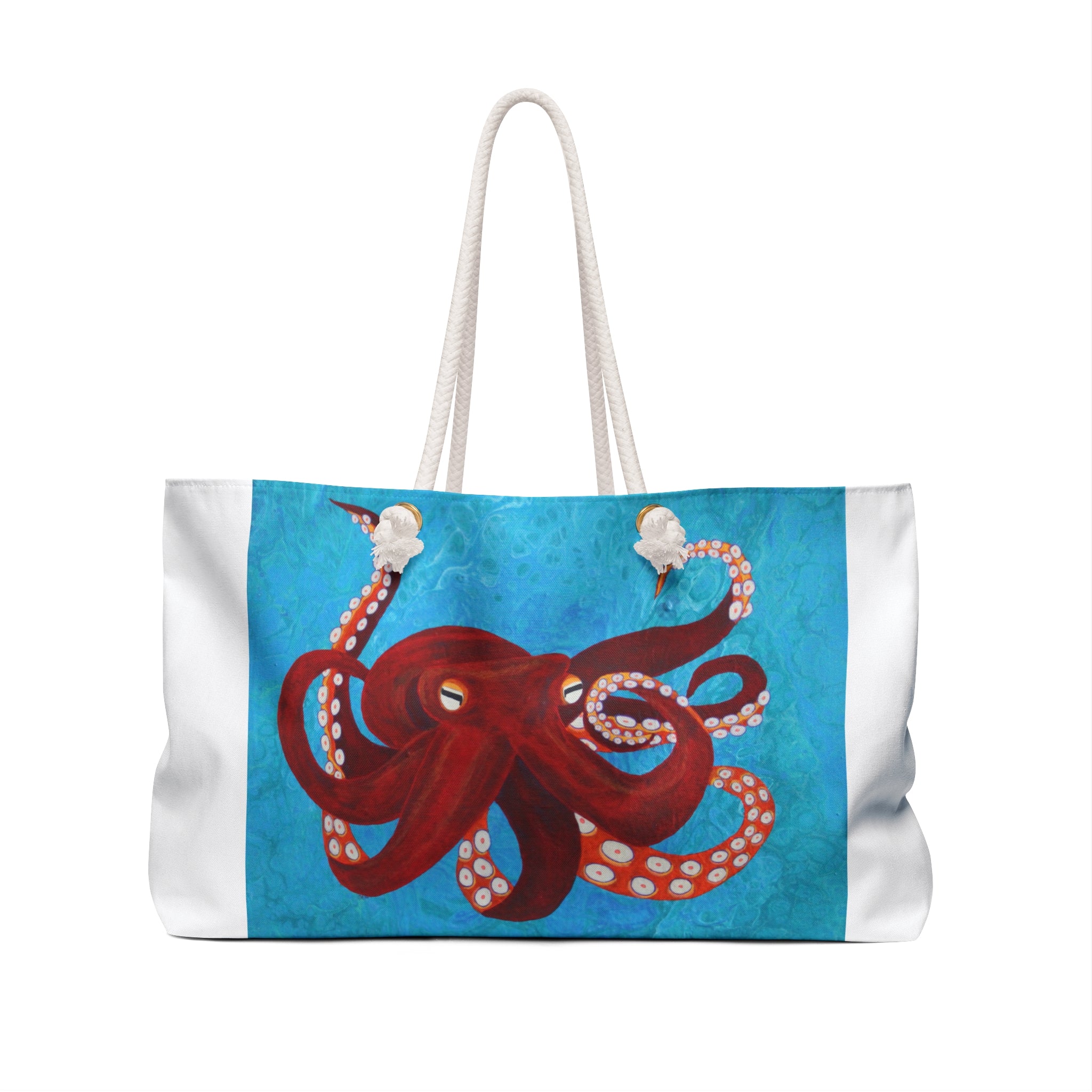 Tote bag with a red octopus design on a blue background