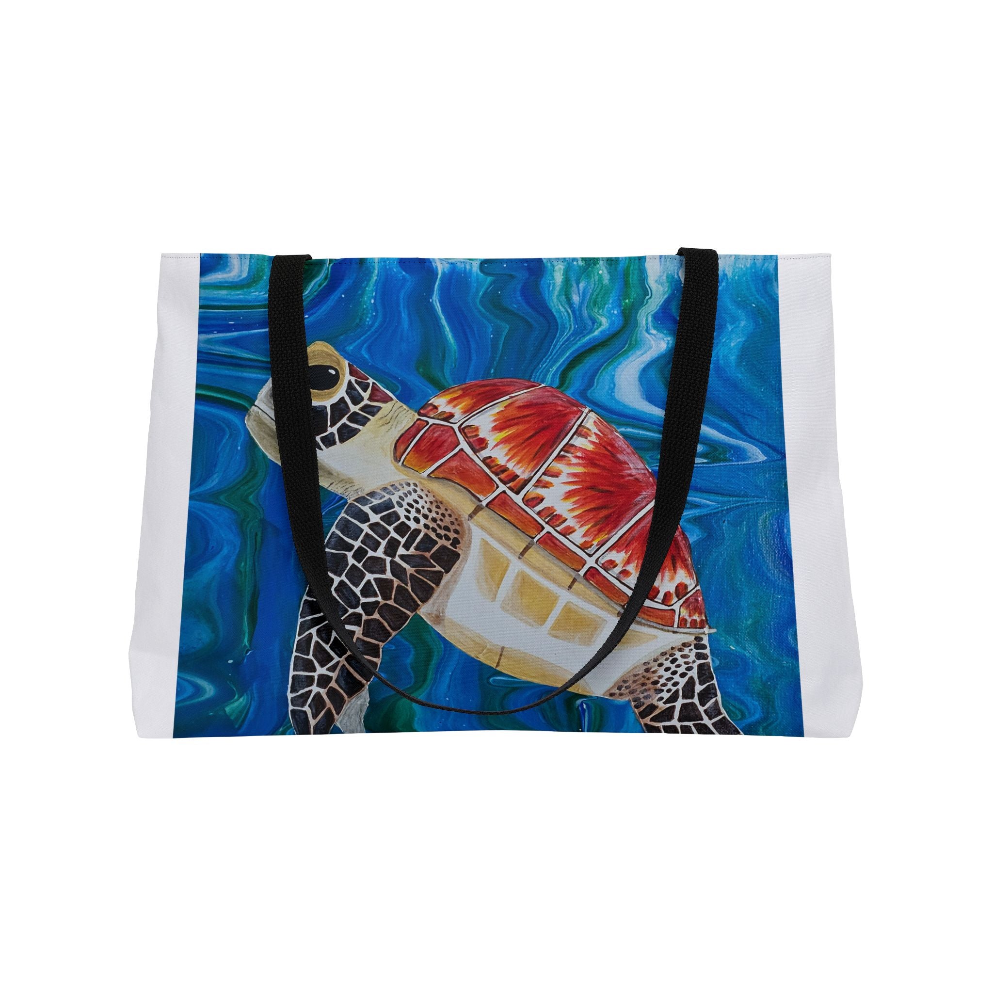 Tote bag with a turtle design on a blue and white background