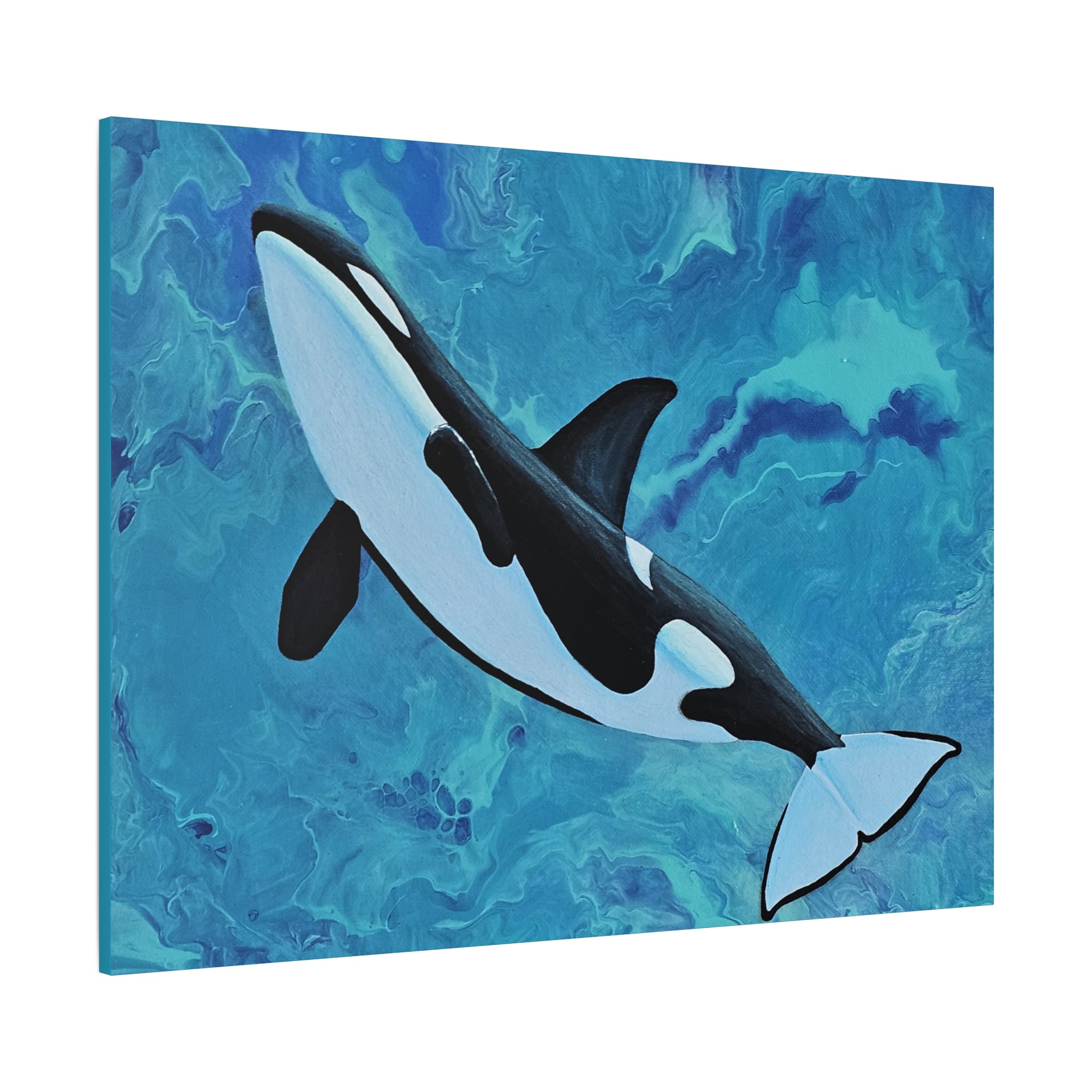 Orca whale painting on a blue abstract background