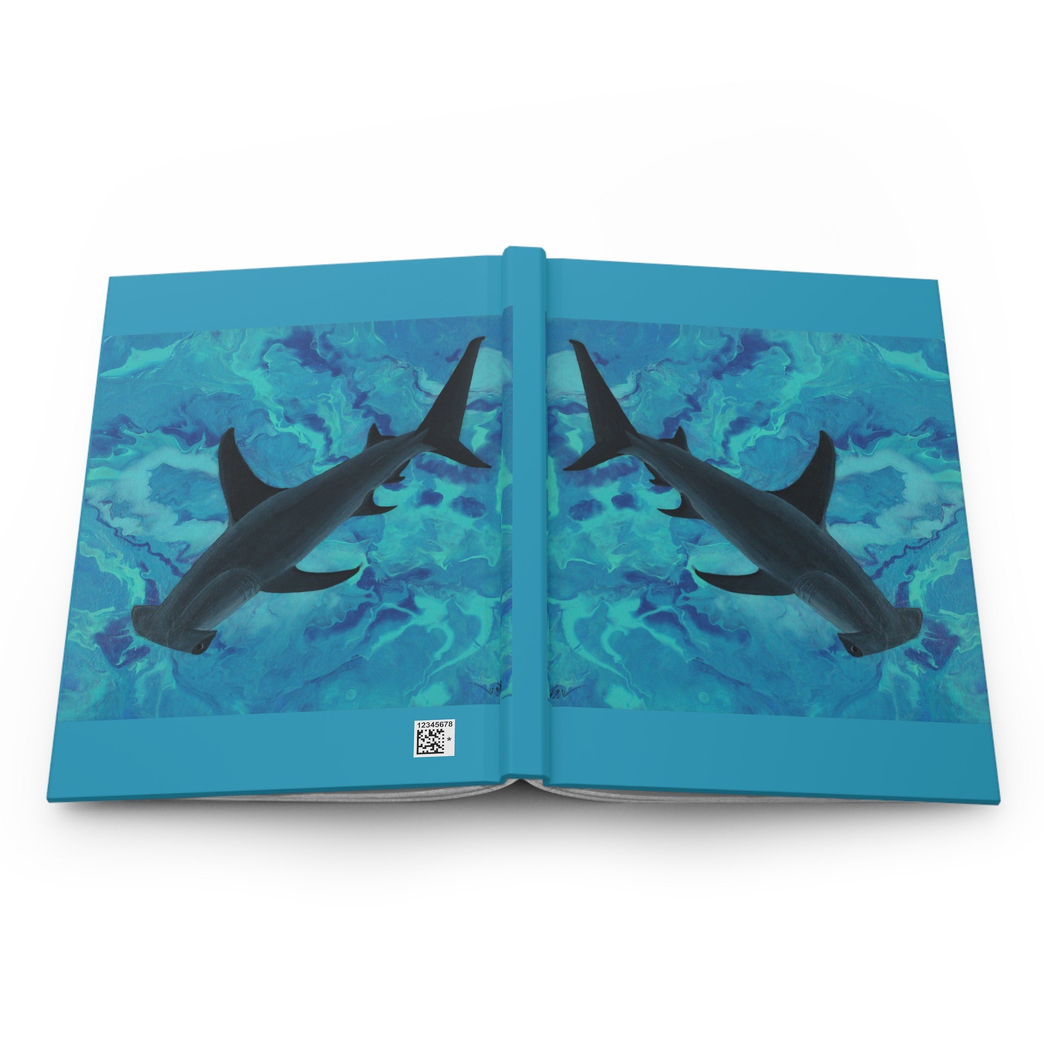 Open book with shark illustrations on a blue watercolor background