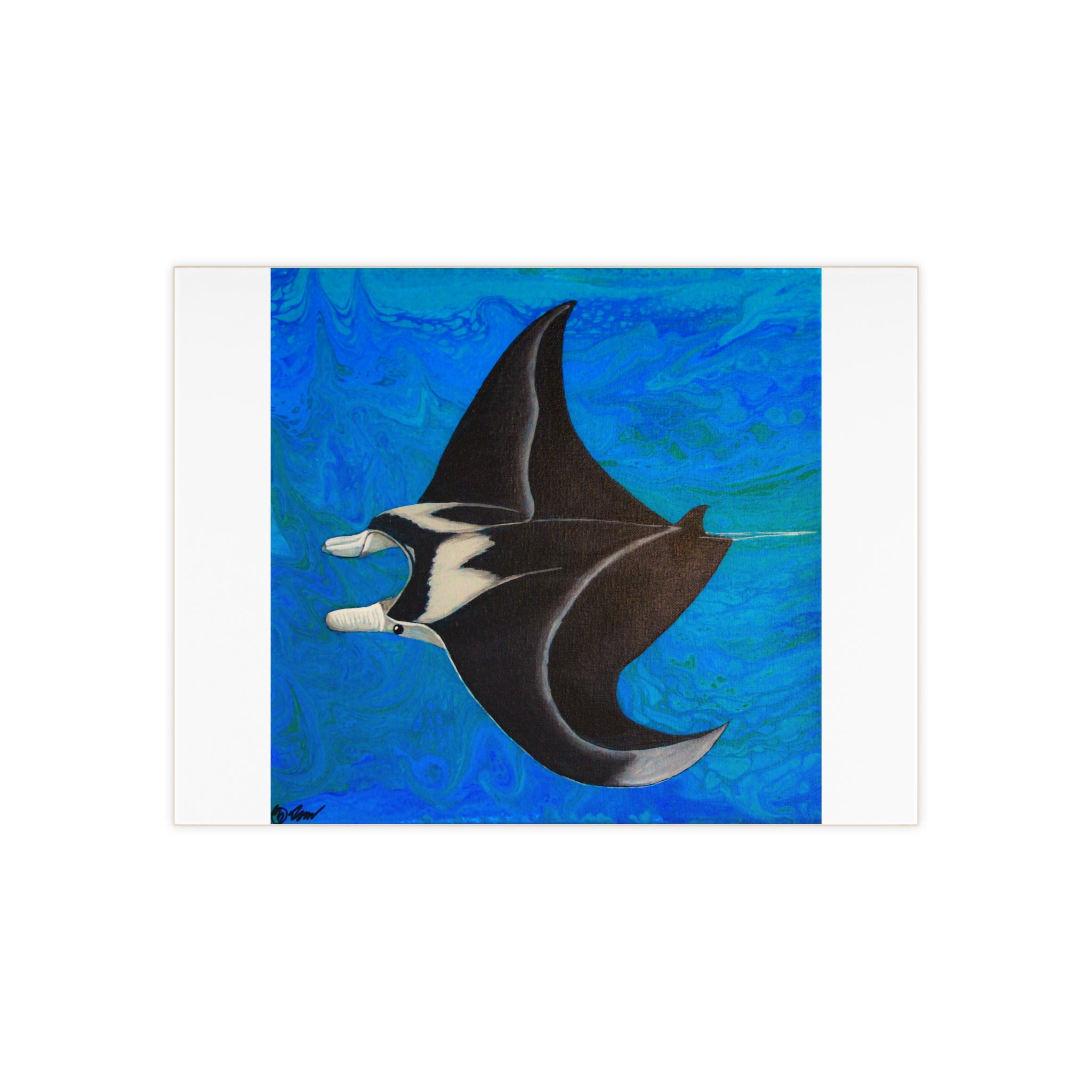 Painting of a manta ray on a blue background tile