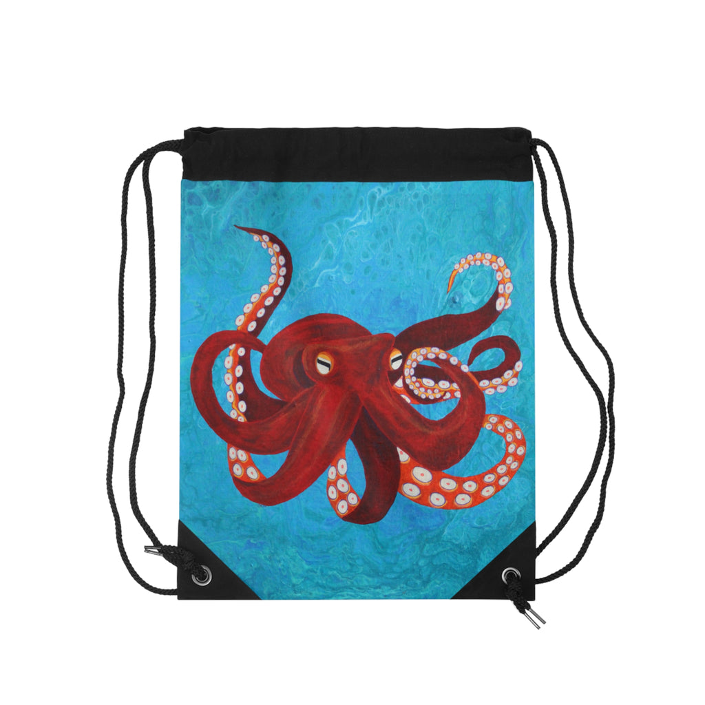 Drawstring bag with a red octopus design on a blue background