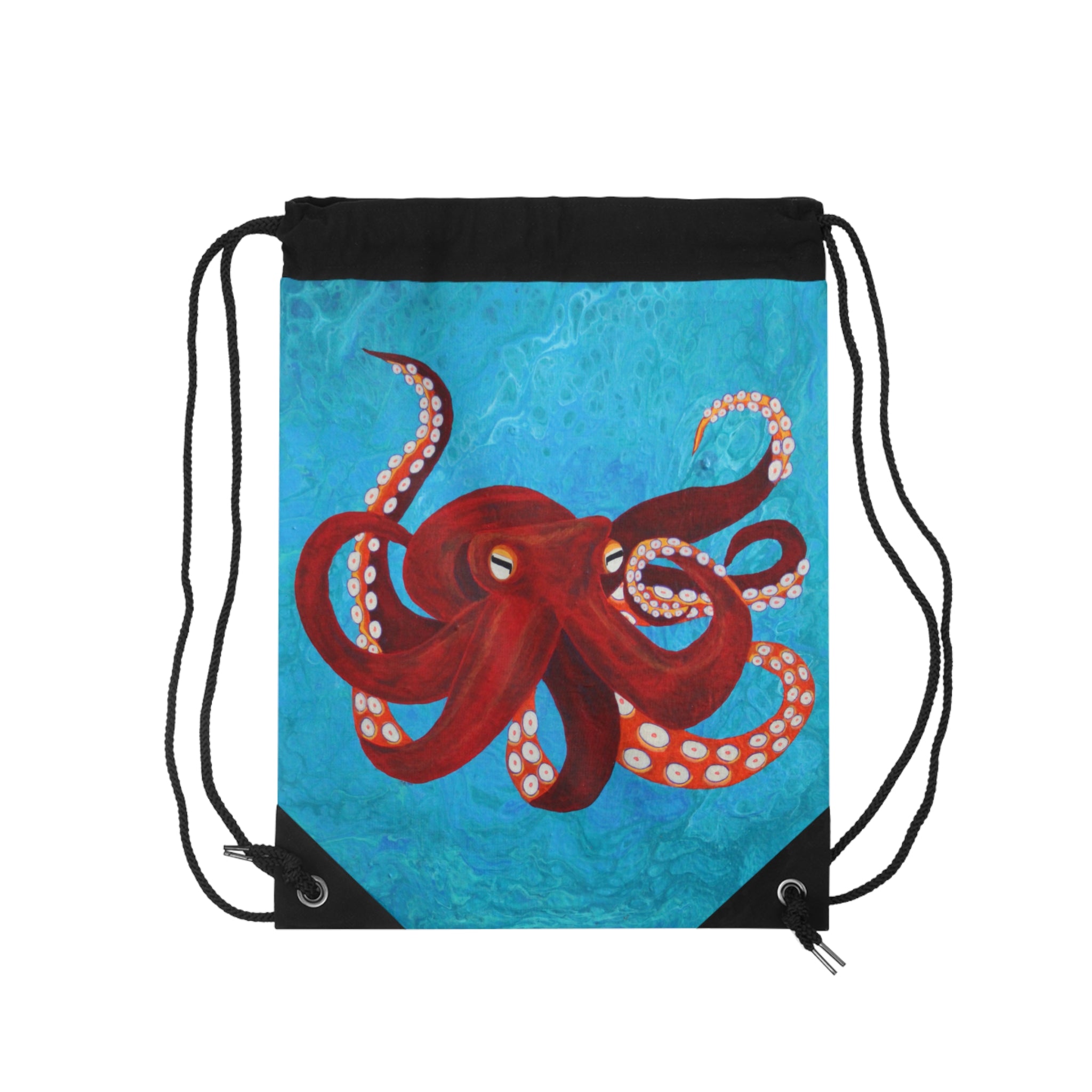 Drawstring bag with a red octopus design on a blue background