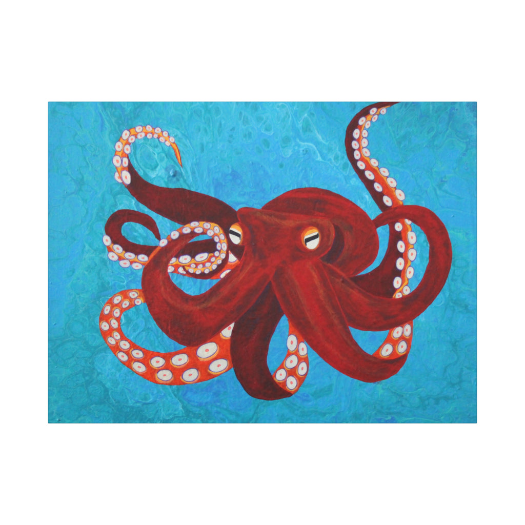 Red octopus illustration on a blue textured background