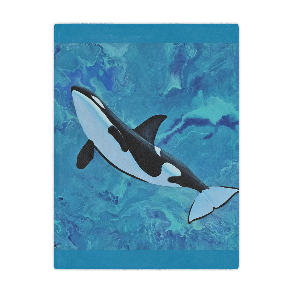 Orca whale illustration on a blue watercolor background