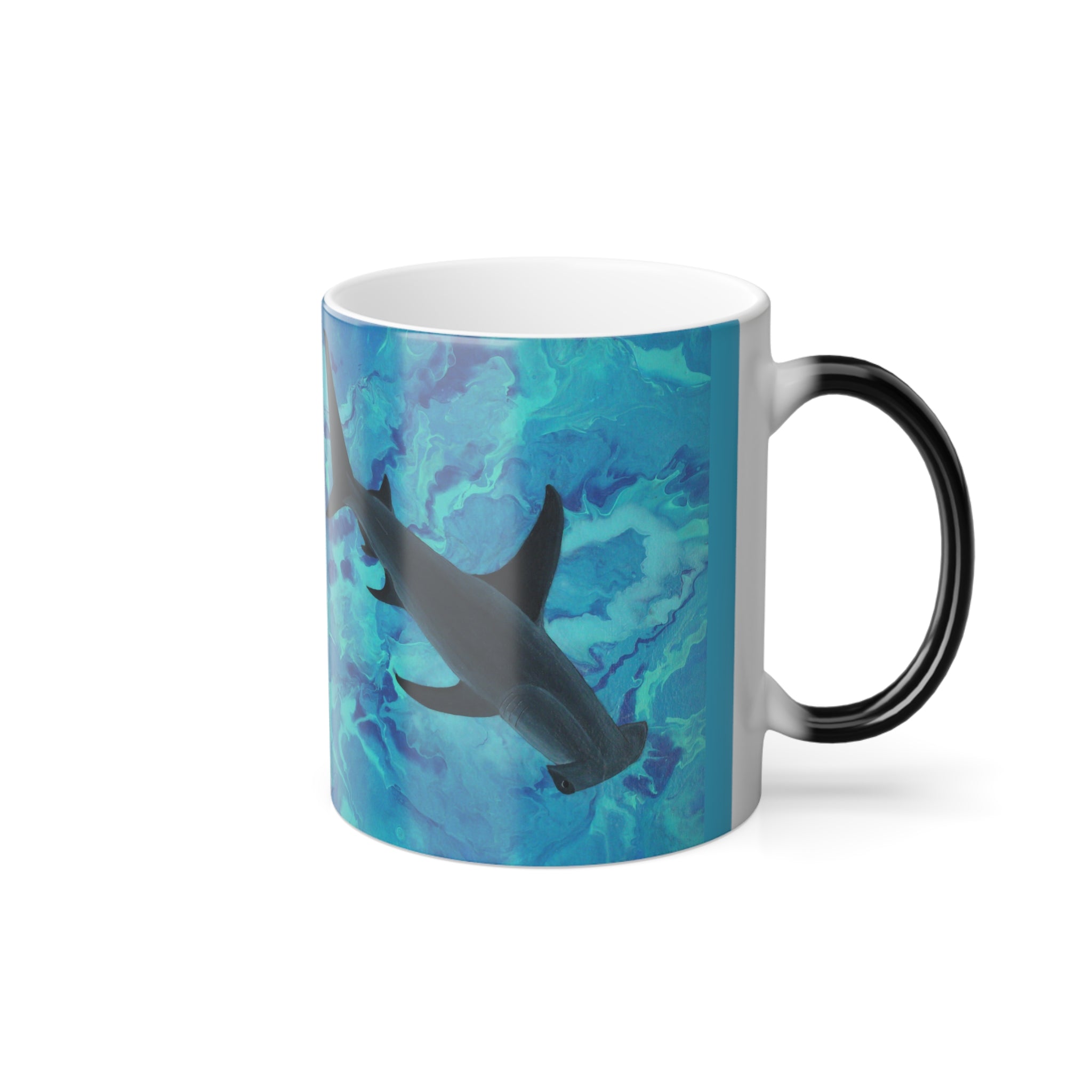 Mug with shark design on a blue gradient background