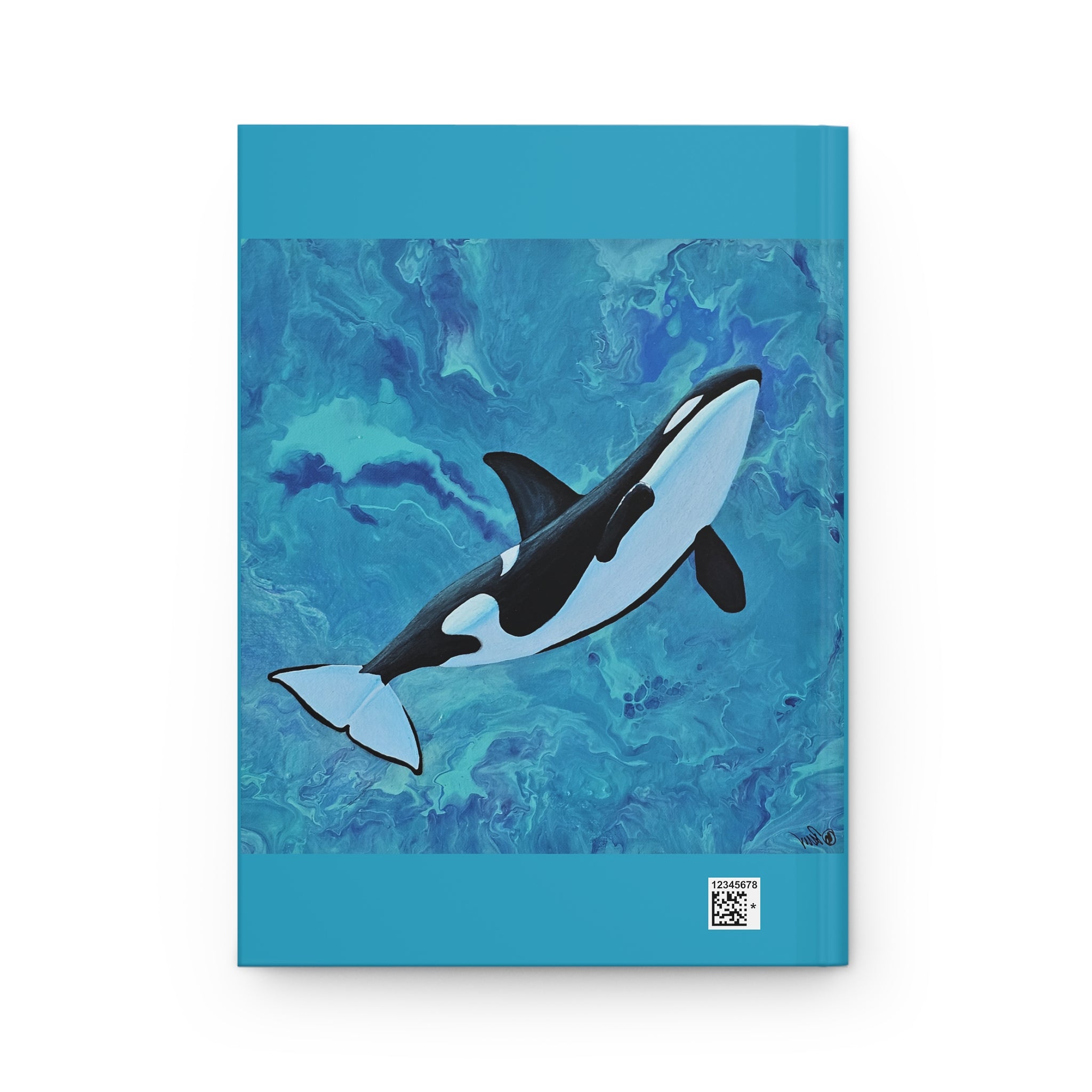 Orca whale painting on a blue abstract background