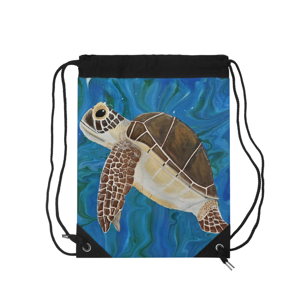 Drawstring bag with a turtle design on a blue underwater background