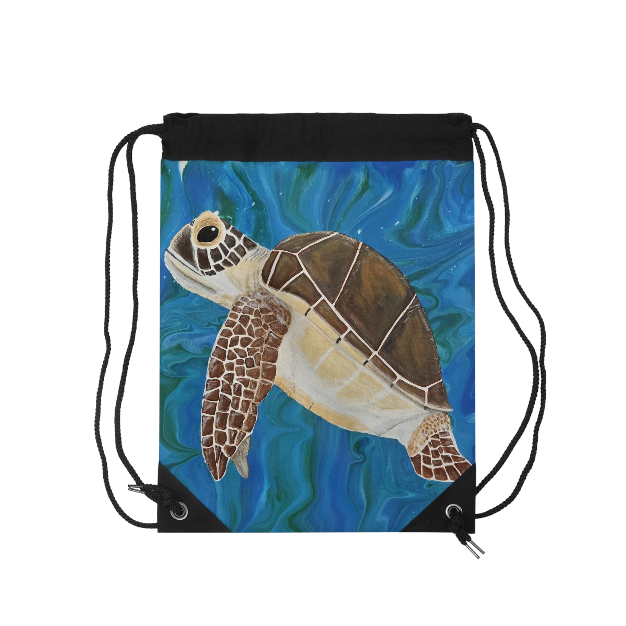 Drawstring bag with a turtle design on a blue underwater background