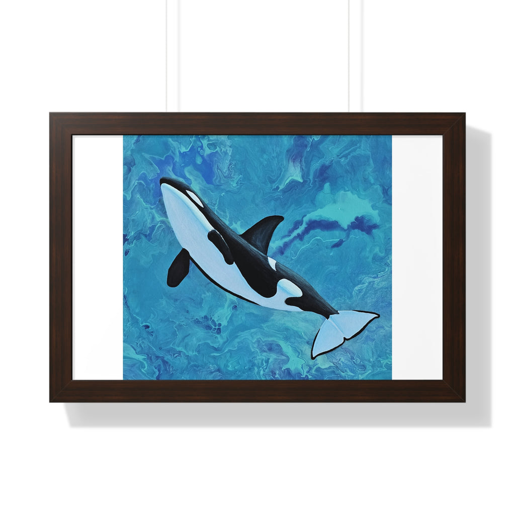 Framed artwork of an orca whale on a blue watercolor background