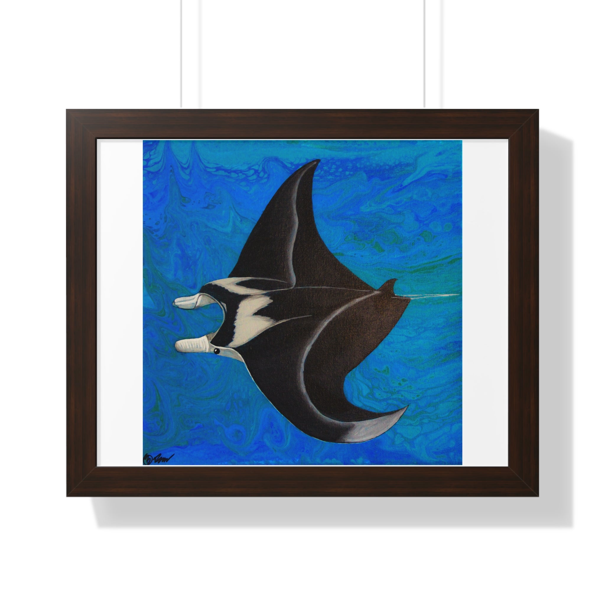 Framed artwork of a manta ray on a blue background