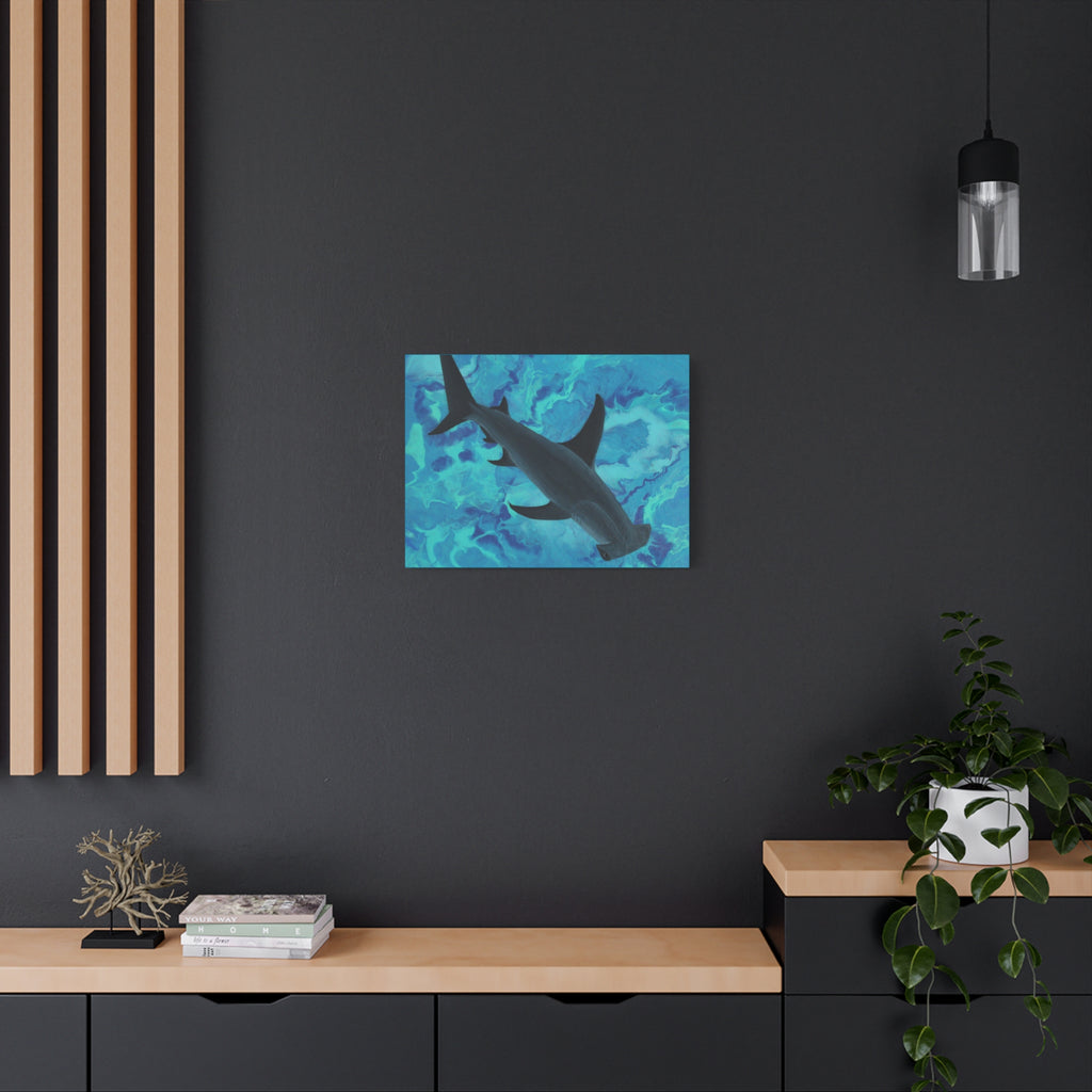 Artistic depiction of a shark in water on a dark wall with wooden decor elements.