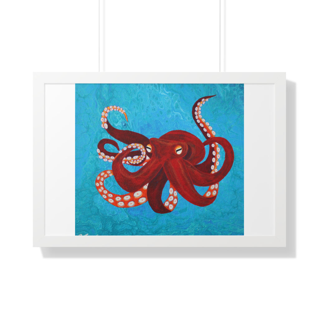 Framed artwork of a red octopus on a blue background