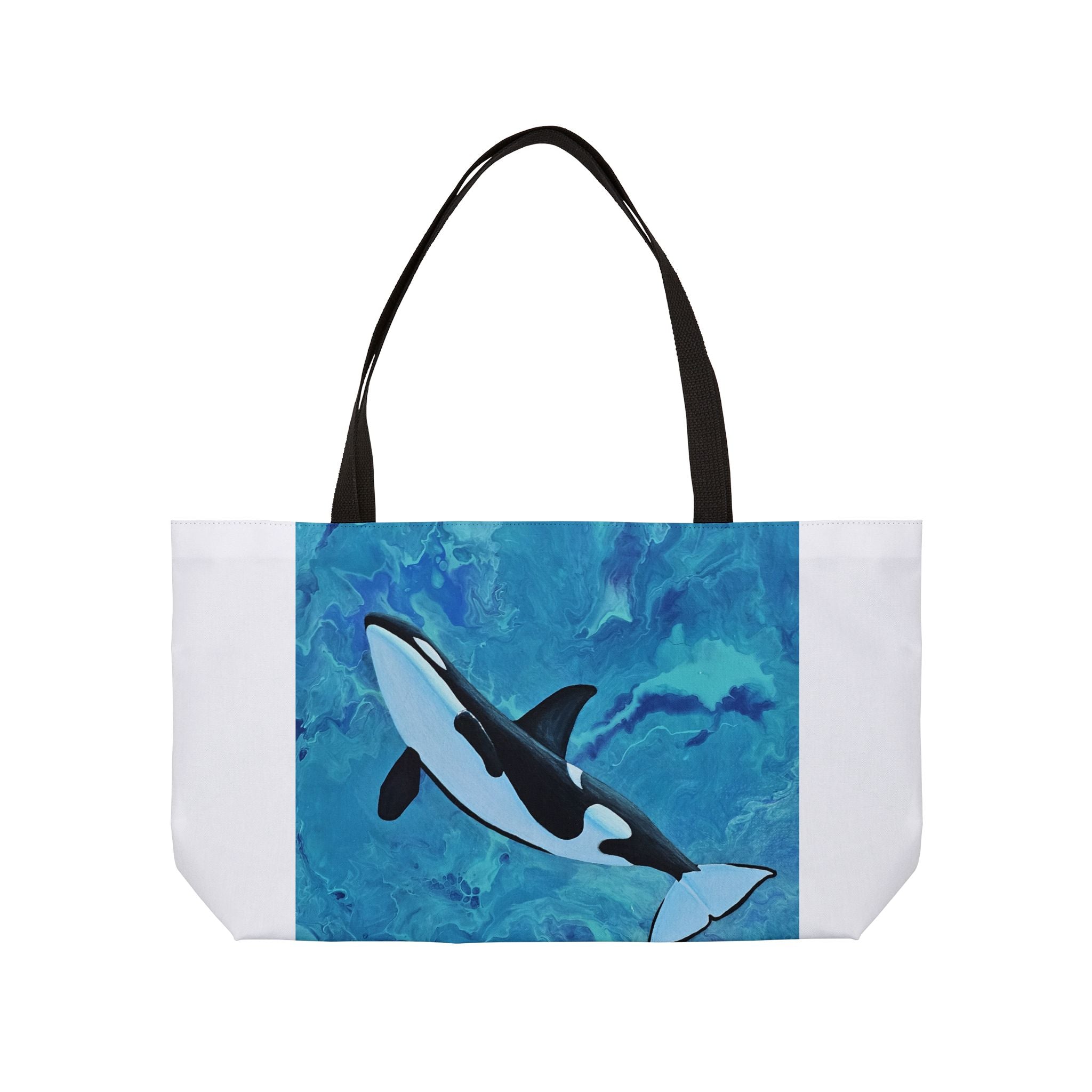 Tote bag with an orca whale design on a blue and white background